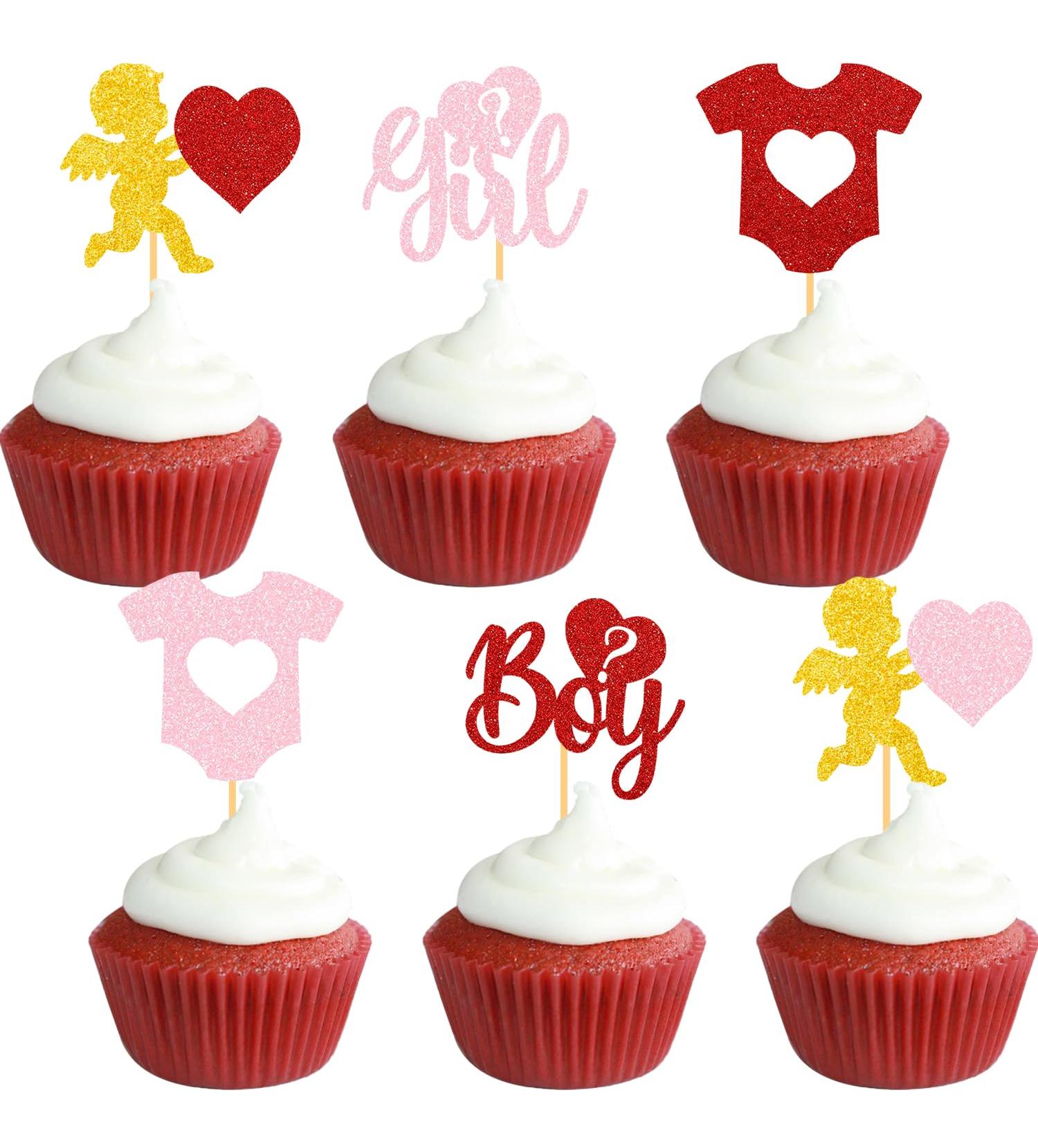 Valentine's Day Gender Reveal Cupcake Toppers Red Pink Hearts Boy Or Girl Cupid Valentine Baby Shower Decoration - Buy Online on GoSupps.com