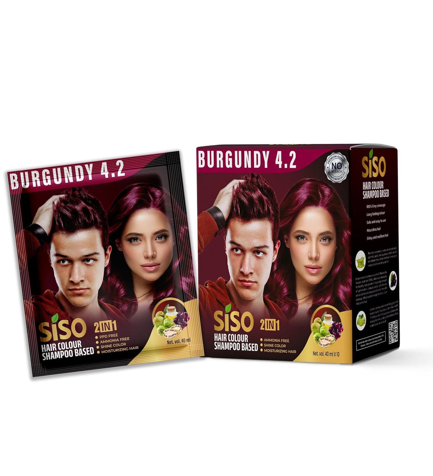Buy Siso Permanent Hair Colour 40ml Burgundy 4.2 - No Bleaching No Ammonia | Moisturizing & Long Lasting | Salon Quality Hair Dye for Men & Women - Pack of 10 - Buy Online on GoSupps.com