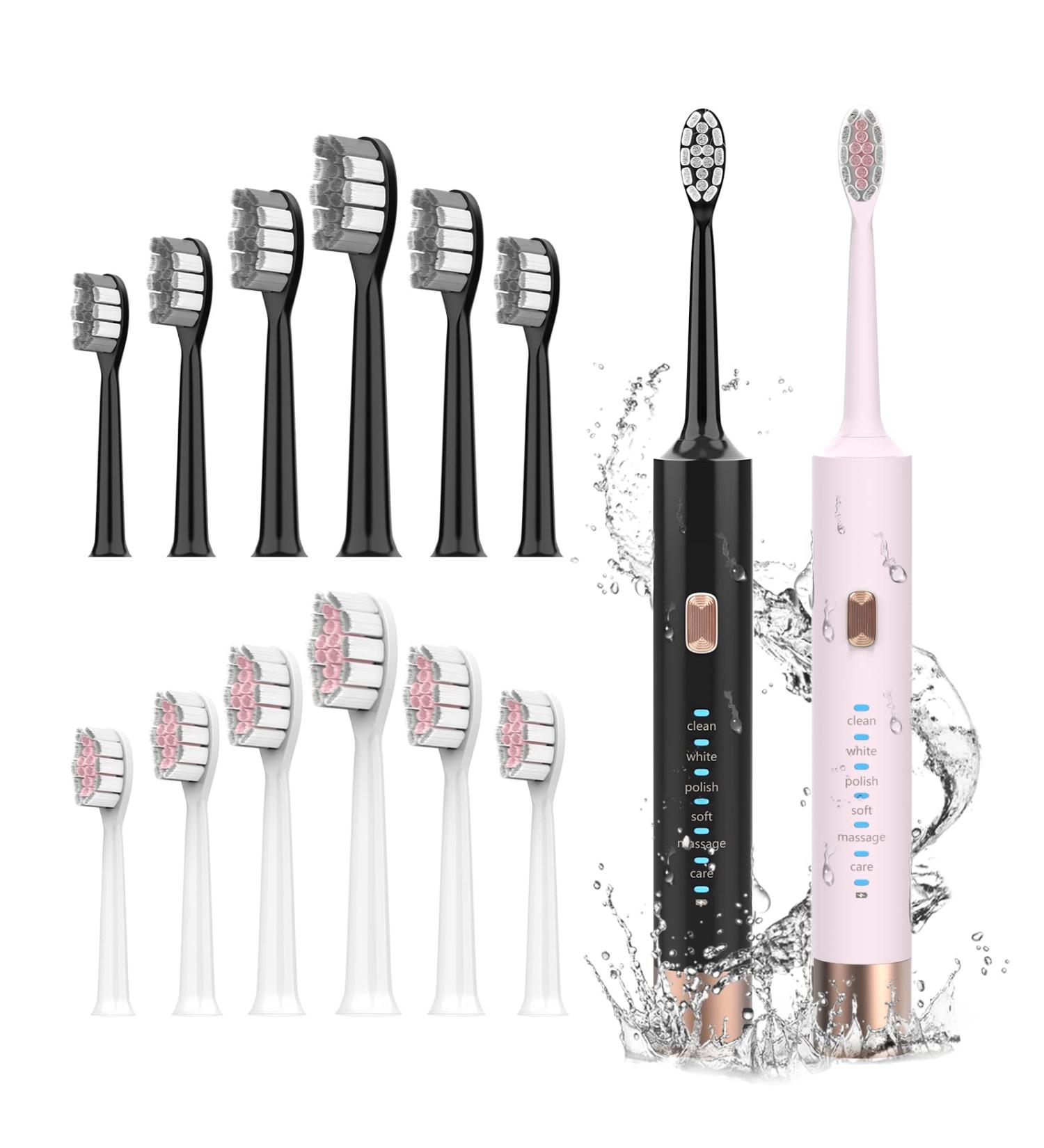 Aneebart Sonic Electric Toothbrush 2 Pack for Adults and Kids, 12 Dupont Brush Heads, 6 Modes, 2 MIN Smart Time - Black Pink - Buy Online on GoSupps.com