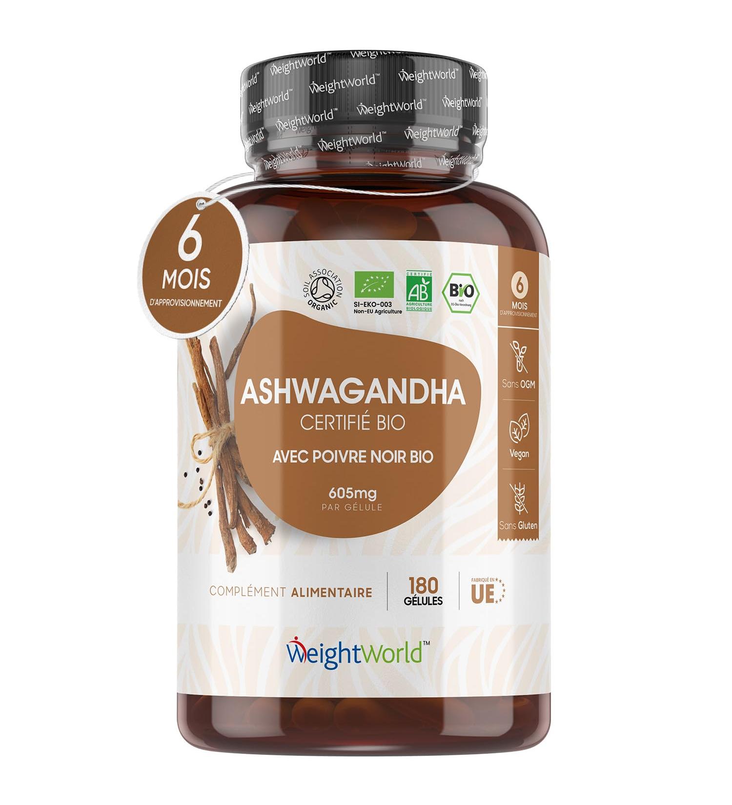 Ashwagandha Organic Extra Strong Capsules 600mg + Organic Black Pepper 5mg - 180 Vegan Capsules (6 Months) - Indian Ginseng or Withania Somnifera with Piperine - Certified by Organic Agriculture - Buy Online on GoSupps.com