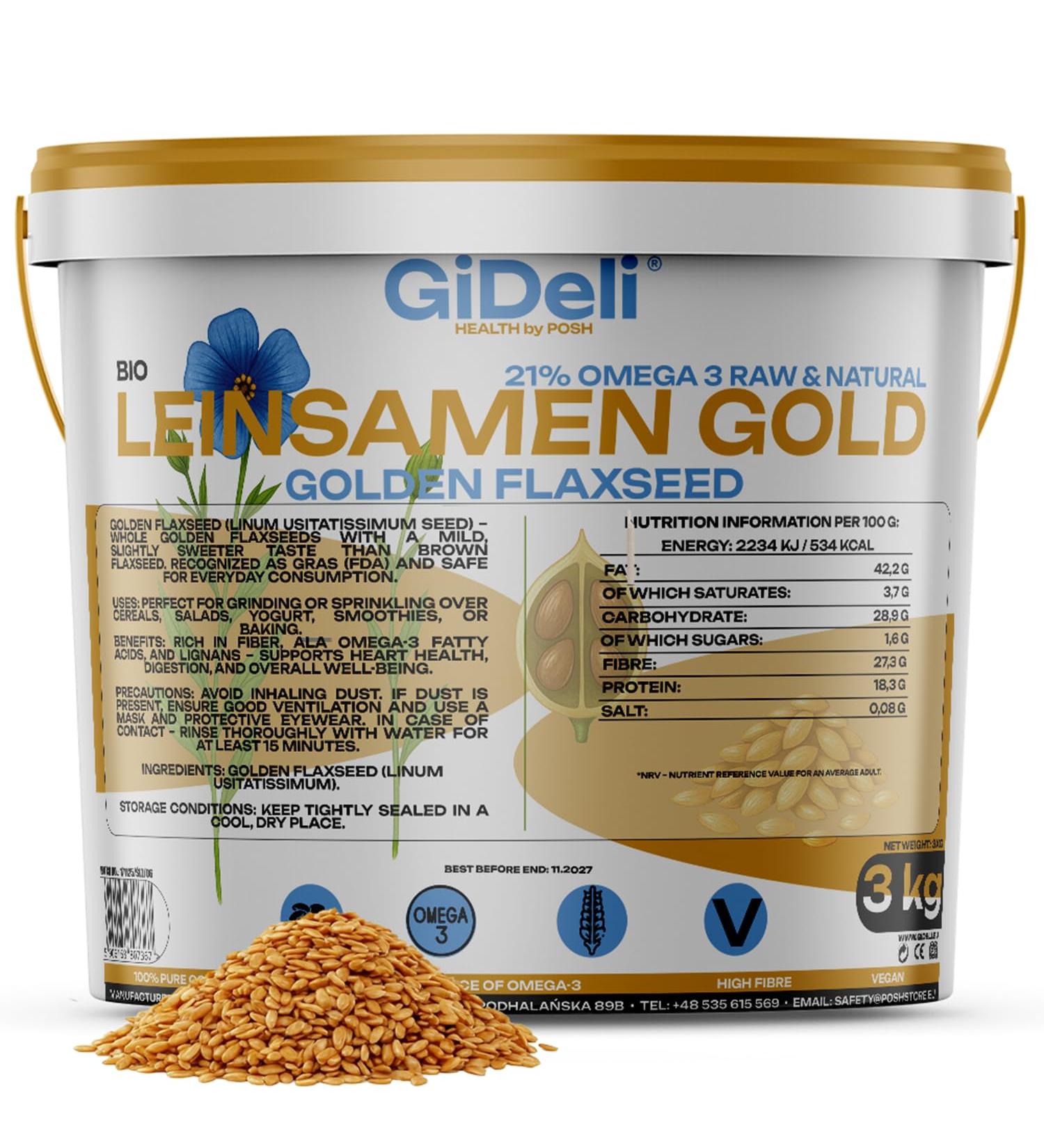  GiDeli Golden flax seeds 3 kg of whole raw seeds rich in omega-3 and fiber ideal for smoothies cereals baking and salads (3000 g) - Buy Online on GoSupps.com