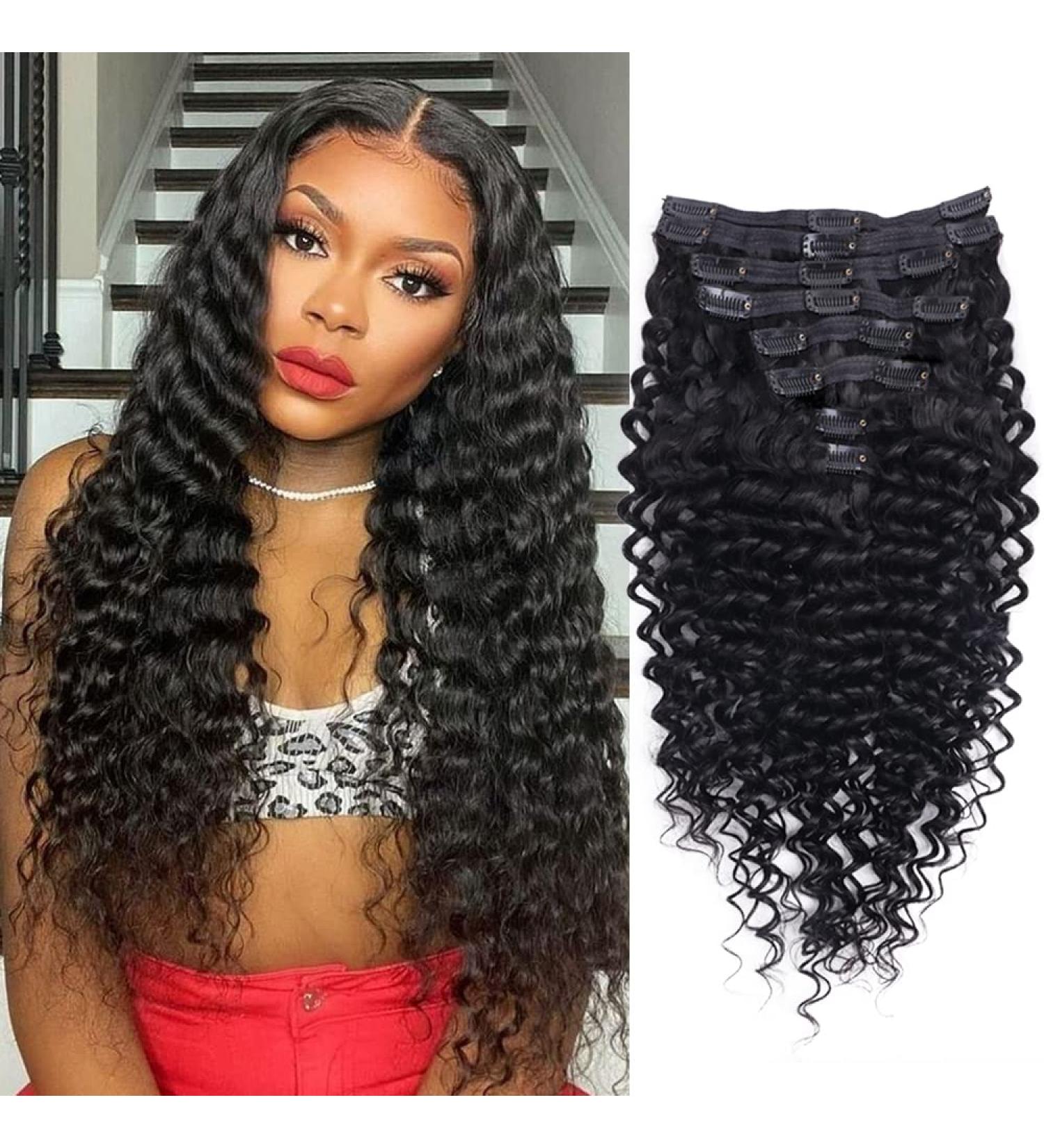 Tahikie 20 Deep Wave Clip in Hair Extensions - Brazilian Remy Human Hair - Natural Black (1B) - 120g - 8Pcs Double Weft with 18 Clips - Thick to Ends - Real Human Hair for Women - Buy Online on GoSupps.com
