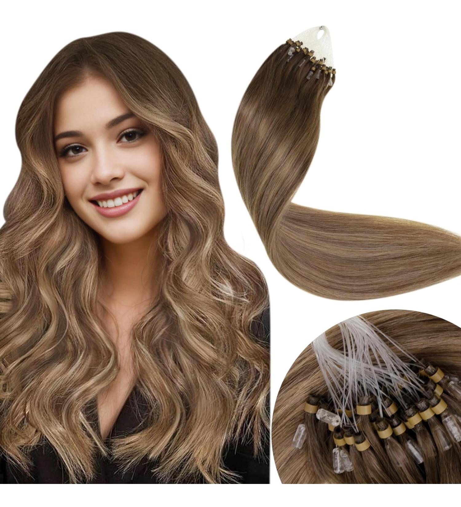 LaaVoo Microring Human Hair Extensions - Ombre Brown Light Brown Balayage & Golden Blonde - 60cm 50g Pre-Bonded Micro Loop #8/16/8 - Shop Internationally! - Buy Online on GoSupps.com