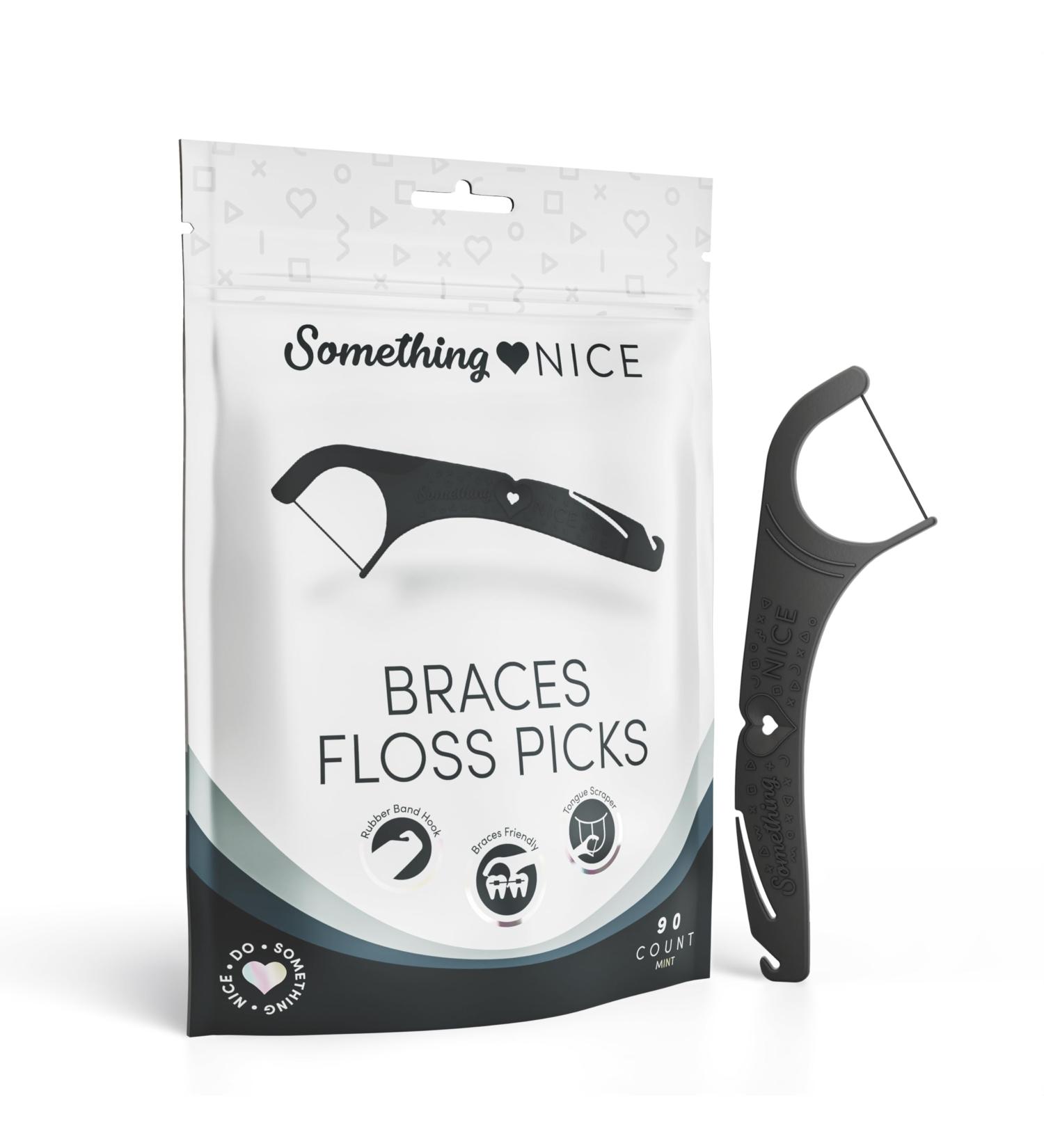 SOMETHING NICE Floss Picks for Braces - Mint Flavored Braces Flossers with Rubber Band Hook & Tongue Scraper Braces Floss Picks with Xylitol for Protection | Floss for Braces Orthodontic 90-Pack