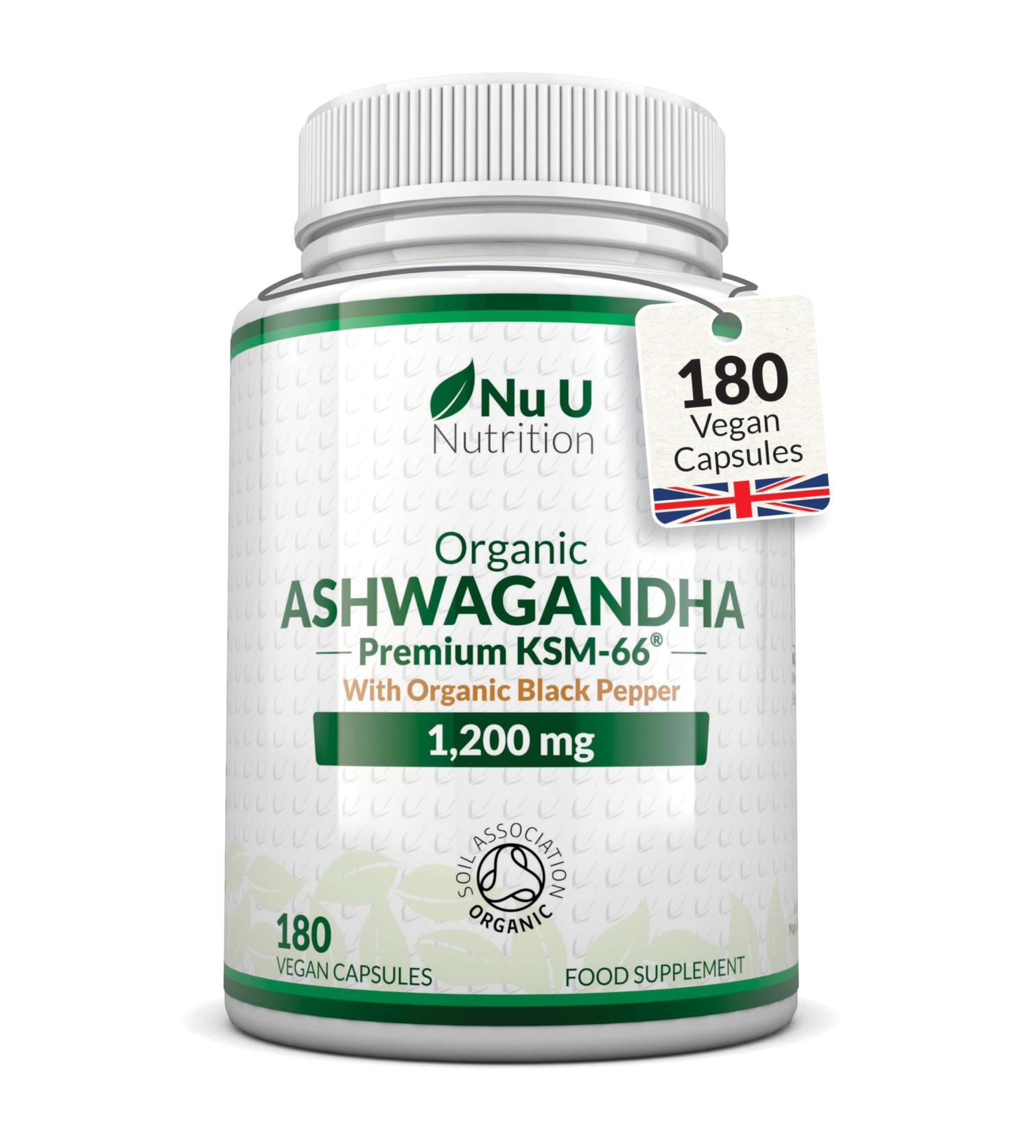 Organic Ashwagandha KSM-66 1200mg - 5% Withanolides - 180 Vegan Capsules not Tablets - High Strength Ashwaganda Enhanced with Black Pepper - Soil Association Certified - Nu U Nutrition - Buy Online on GoSupps.com