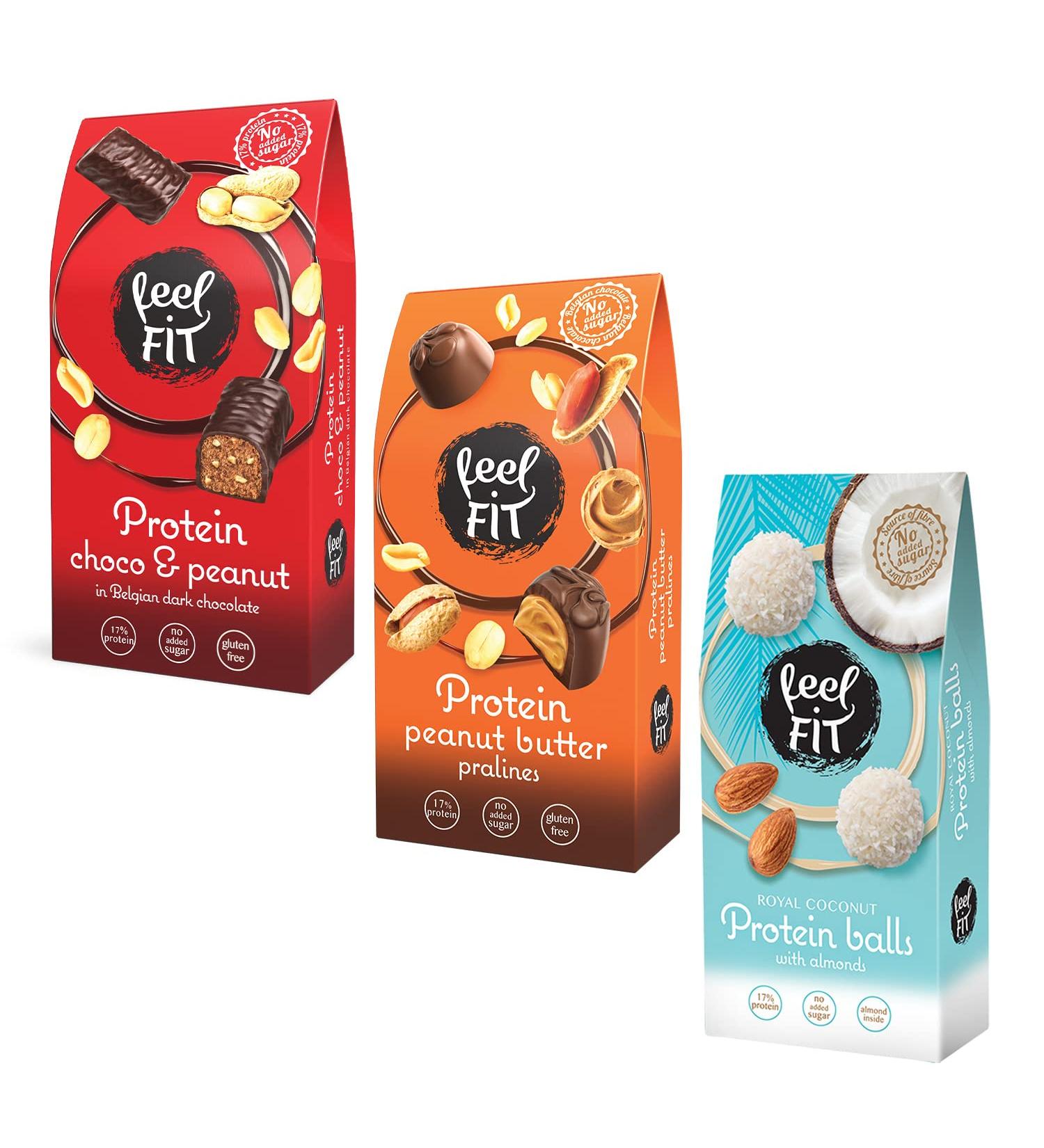 Feel Fit Protein Chocolates - No Sugar Added | Coconut & Almond Milk Chocolate Peanut Butter Dark Hazelnut Mix - International Shipping - Buy Online on GoSupps.com