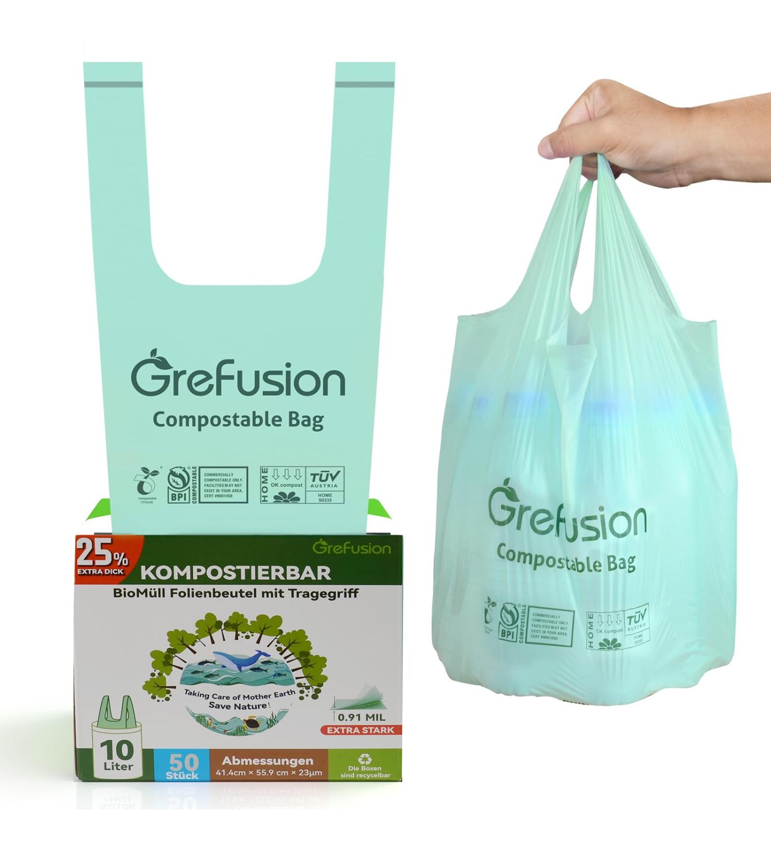 GreFusion Extra Strong 10L Organic Waste Bags with Handle - 50 Durable Garbage Bags for Eco-Friendly Disposal - Buy Online on GoSupps.com