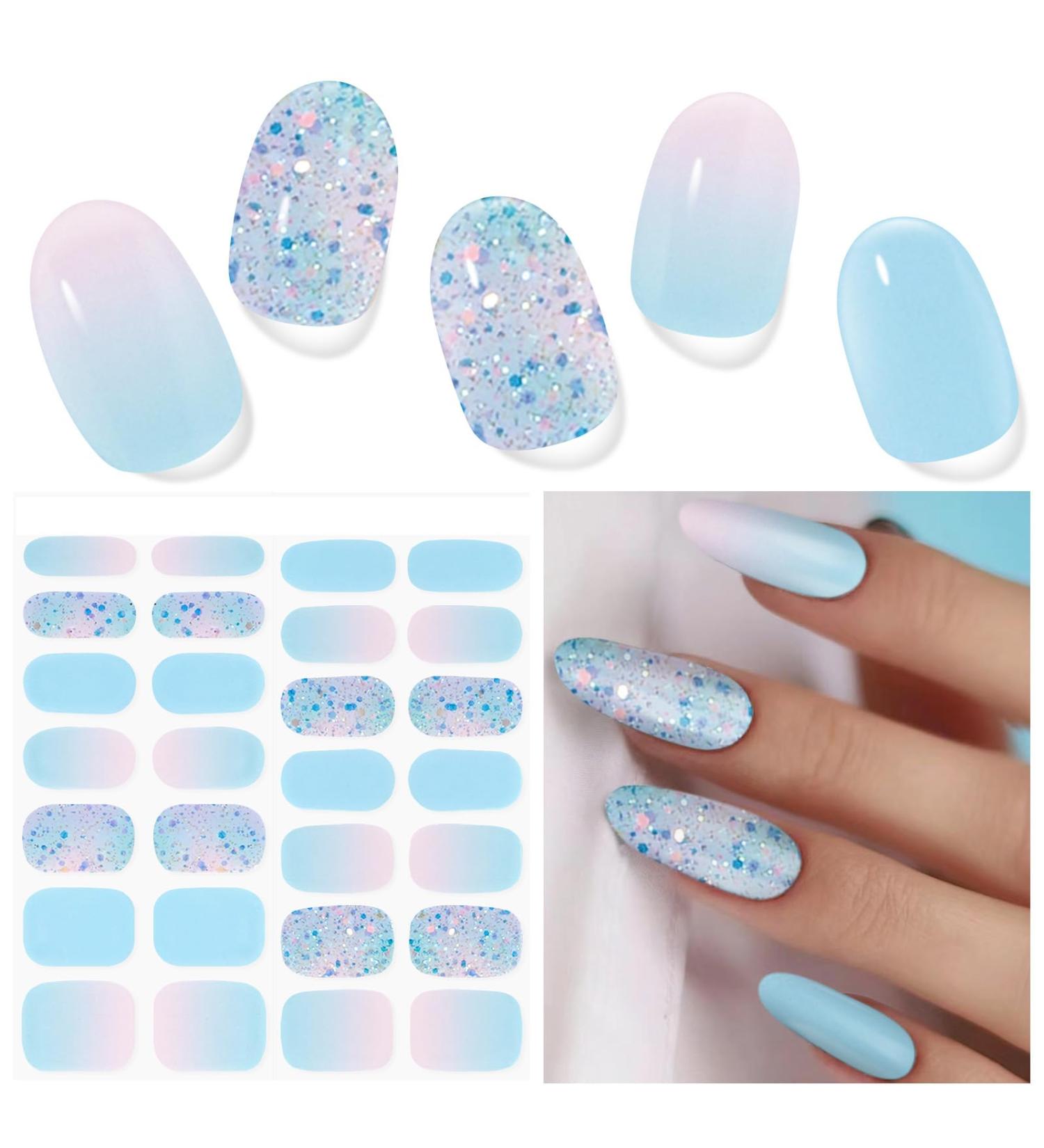 Buy Semi Cured Gel Nail Strips - 28 Pcs UV Gel Stickers Long Lasting Salon Quality Summer Blue | International Shipping - Buy Online on GoSupps.com