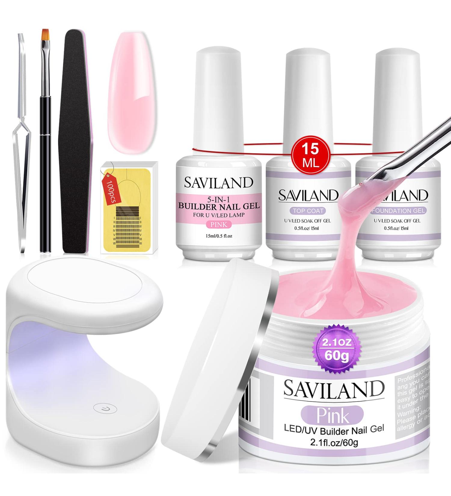 Saviland Pink Builder Nail Gel Kit - 5-In-1 Builder Base & Hard Gel for Nail Strengthening, Repair, and Extensions - DIY Home Nail Kit - Buy Online on GoSupps.com