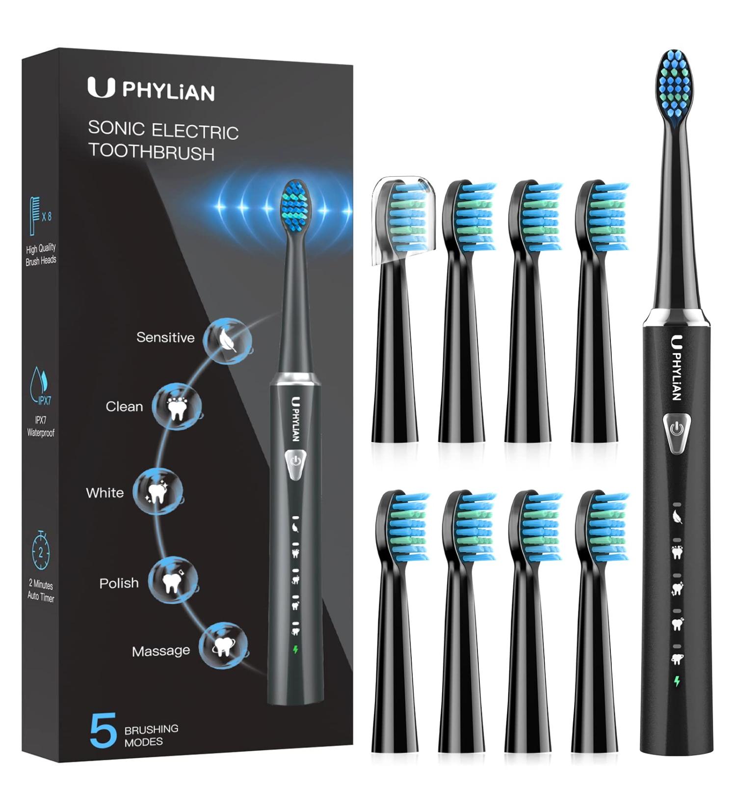 PHYLIAN Sonic Electric Toothbrush for Adults - 5 Modes - Fast Charge - Smart Timer - Black - Buy Online on GoSupps.com