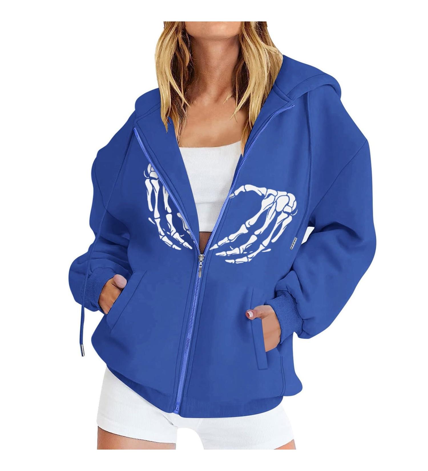 Ladies Fashion Hand Print Loose Basic Zipper Hooded Sweatshirt Jacket Halloween Costumes Hoodies for Women Blue Small - Buy Online on GoSupps.com