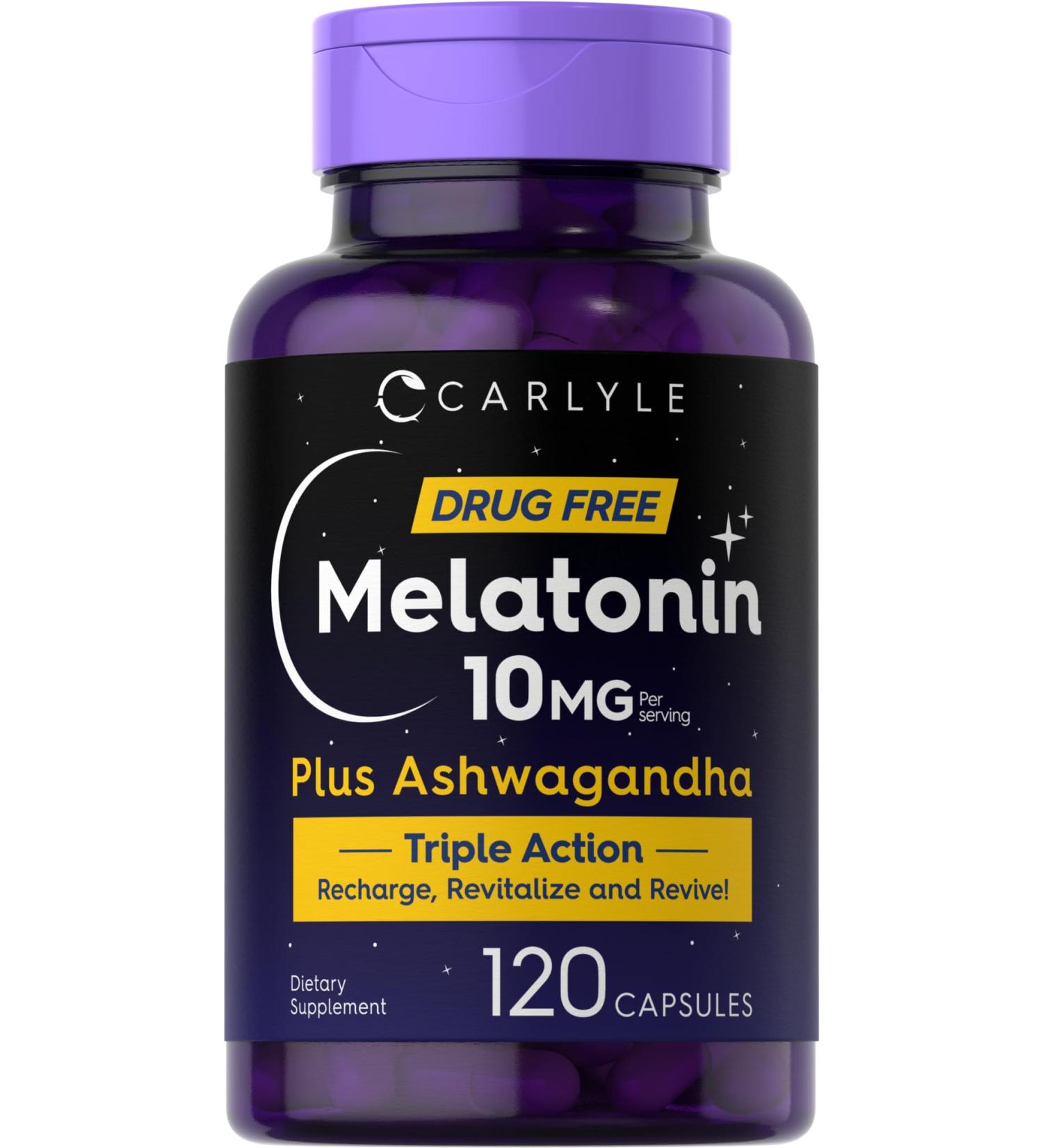 Carlyle Melatonin 10mg | 120 Capsules | with Ashwagandha | Triple Strength Formula | Non-GMO Gluten Free Supplement - Buy Online on GoSupps.com