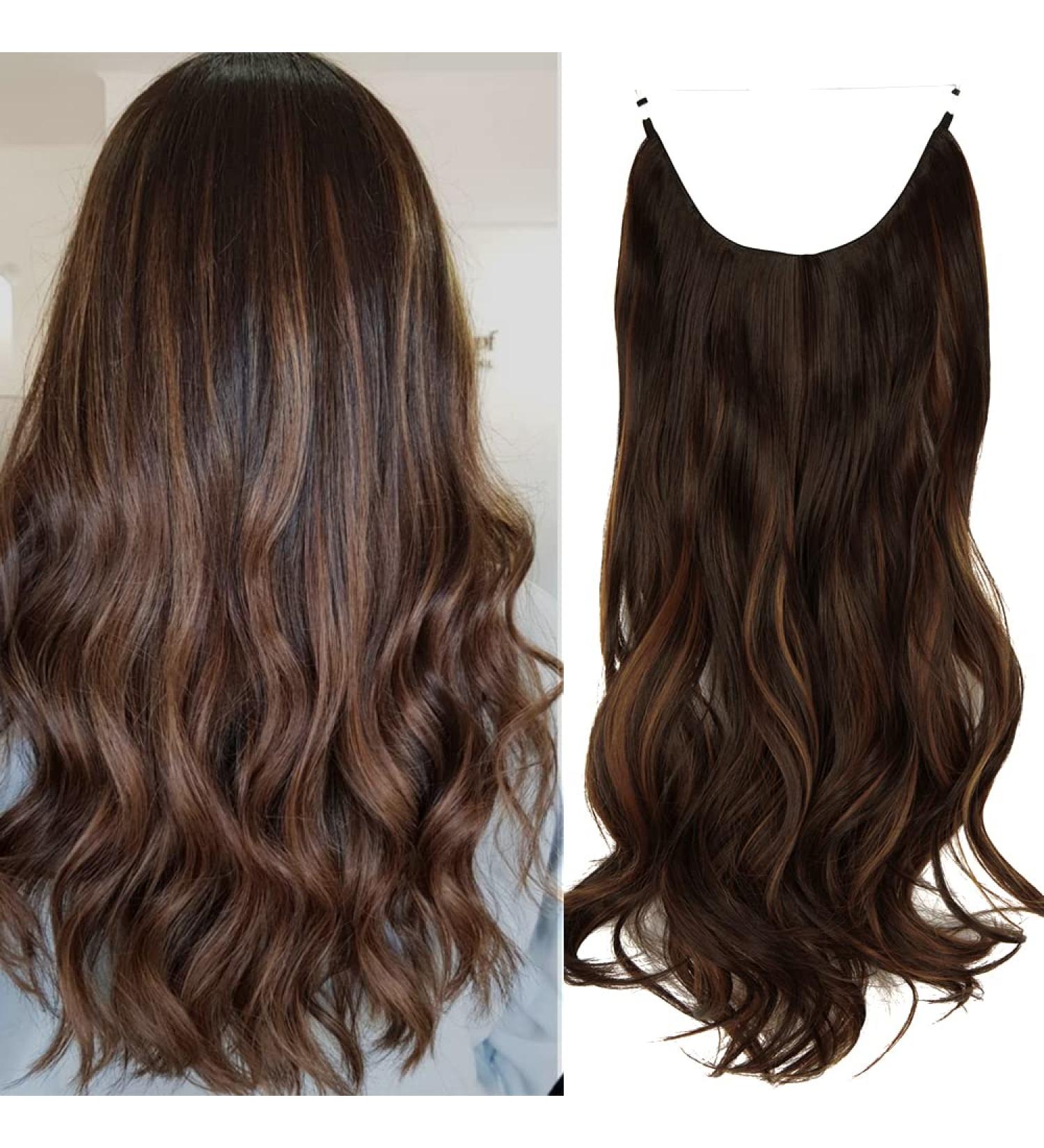 Halo Wavy Curly Hair Extensions 18 Dark Brown Mix Light Auburn - Heat Resistant Synthetic Hairpiece for Women by OMGREAT - Buy Online on GoSupps.com