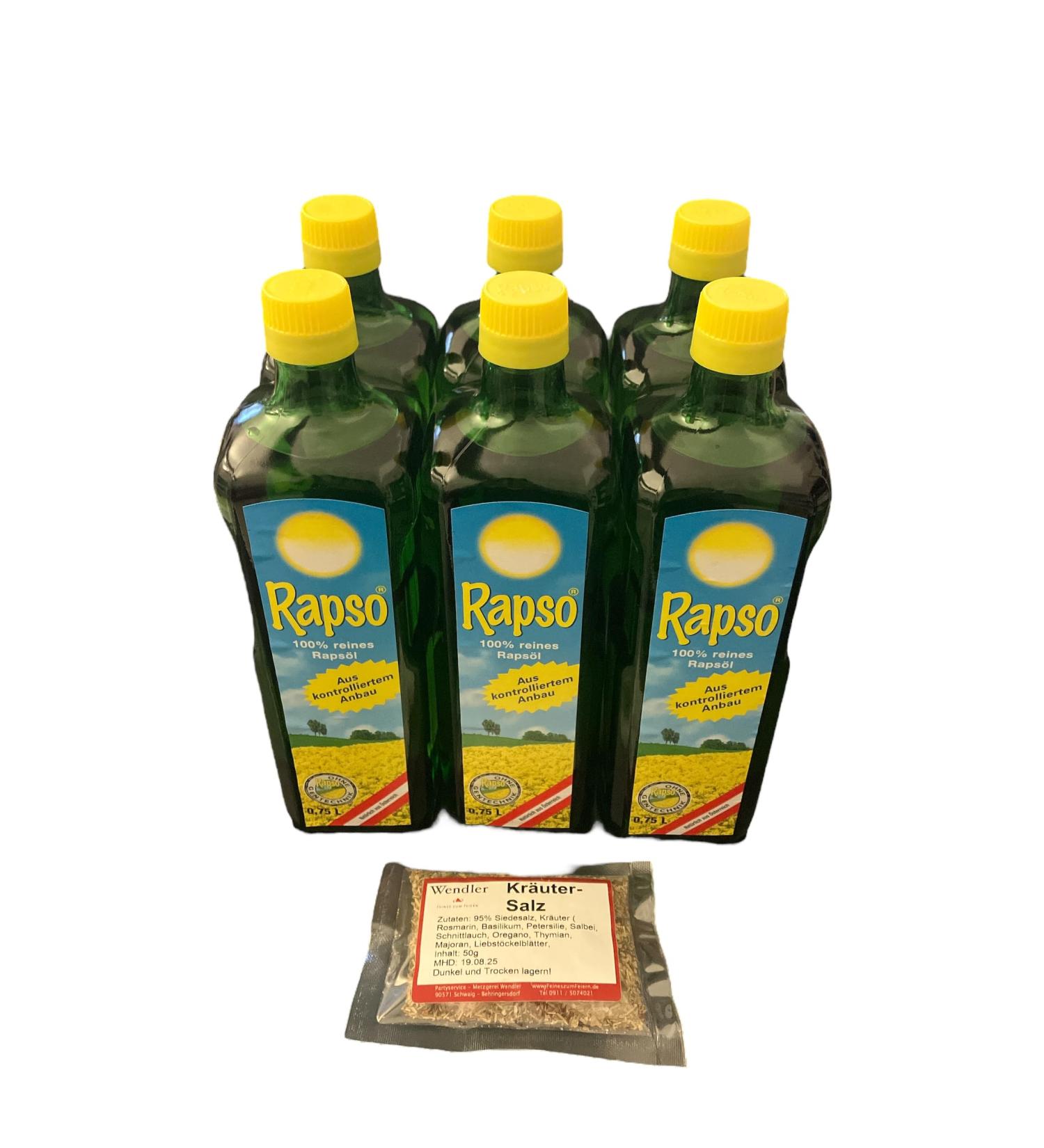 Rapso 100% Pure Rapeseed Oil - 750ml Pack of 6 (4.5L) & Wendlers Herbal Salt 50g | International Shipping - Buy Online on GoSupps.com