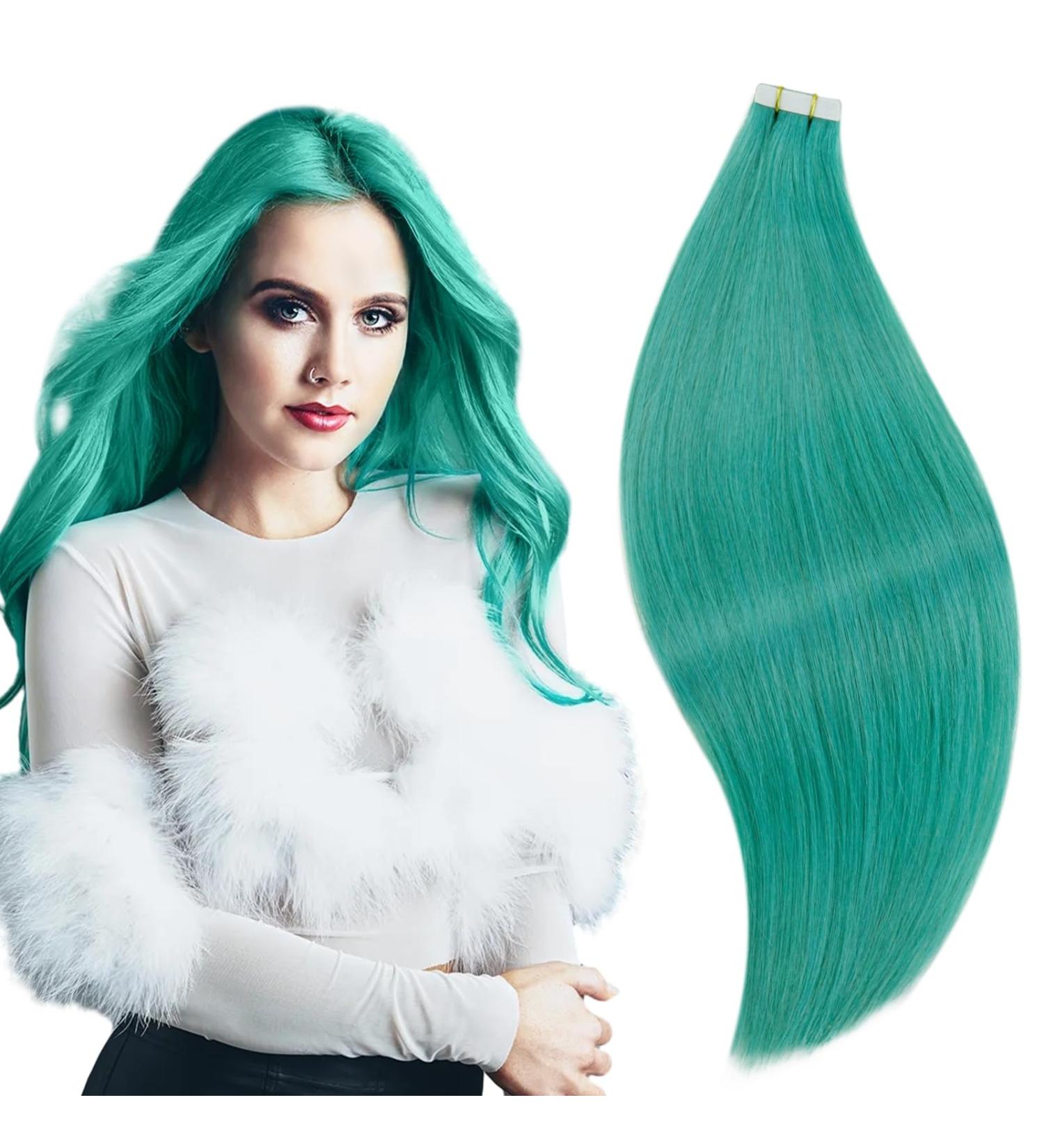 RUNATURE Teal Tape in Hair Extensions - 18 Inch Remy Human Hair Colored Tape on Extensions - Blue-Green 25g Tape Ins - Buy Online on GoSupps.com