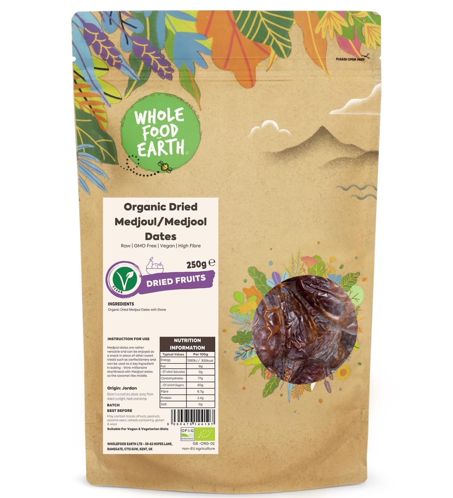 Wholefood Earth Organic Dried Medjoul Dates 250g - Raw, GMO-Free, Vegan | High Fibre | Certified Organic - Buy Online on GoSupps.com