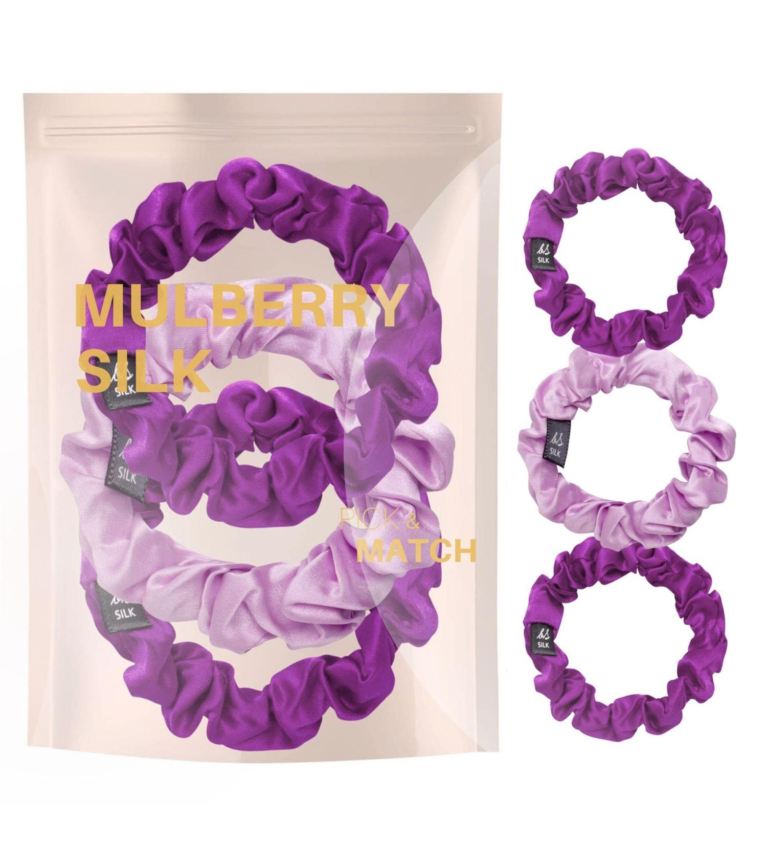 BasicSense Luxurious Mulberry Silk Hair Scrunchies - Set of 3 Skinny Large Scrunchies in Purple Assortment - Buy Online on GoSupps.com