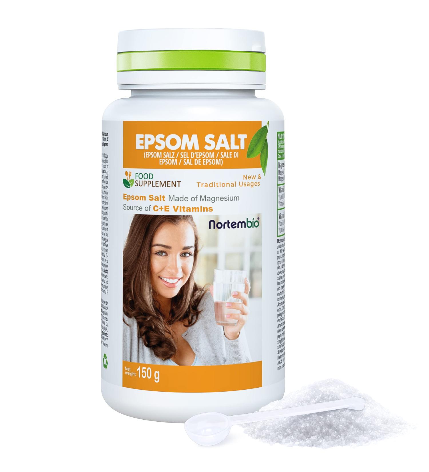 Nortembio Epsom Salt Food Grade 150g Magnesium Sulfate Powder Source of Vitamin C and E. Immune System + Normal Energy Metabolism Dosing Spoon Included - Buy Online on GoSupps.com