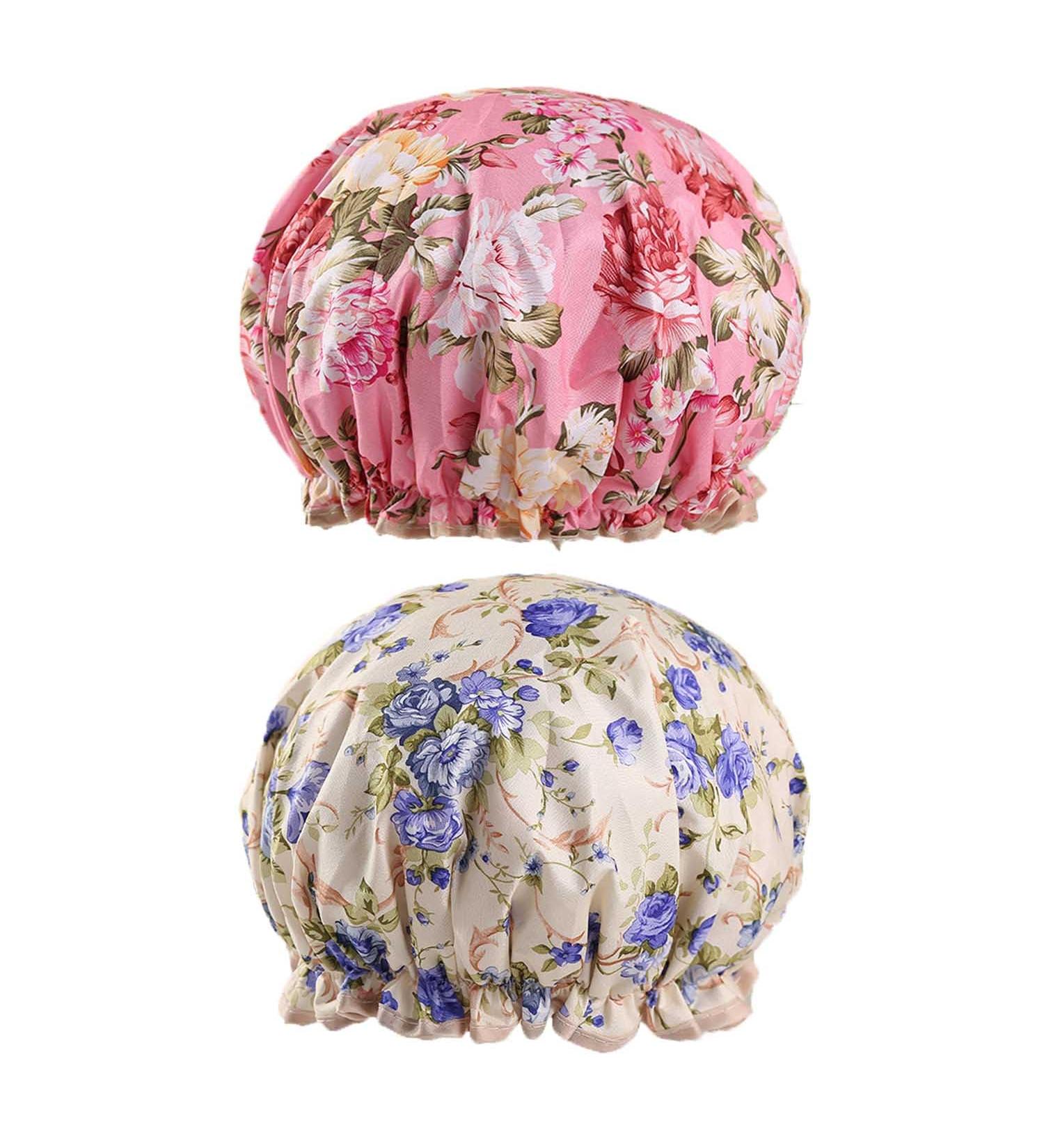 Elastic Band Waterproof Shower Cap with Ruffled Edge - Peony Pattern | For Girls and Women - Buy Online on GoSupps.com