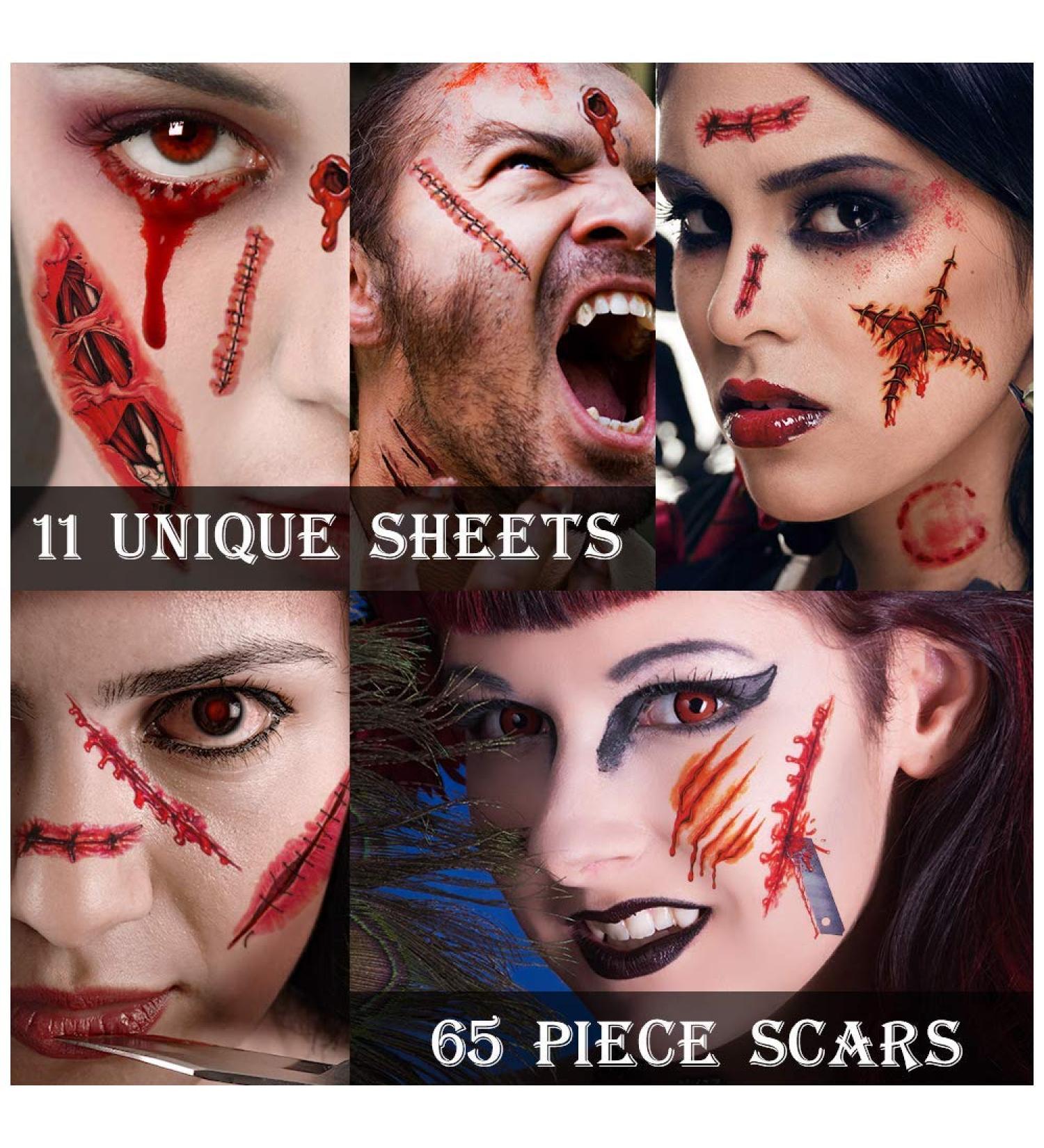 Zombie Halloween Makeup Kit - 11 Sheets, 67 Scars Tattoos, Fake Blood, Vampire Makeup - Safe for Kids - Buy Online on GoSupps.com