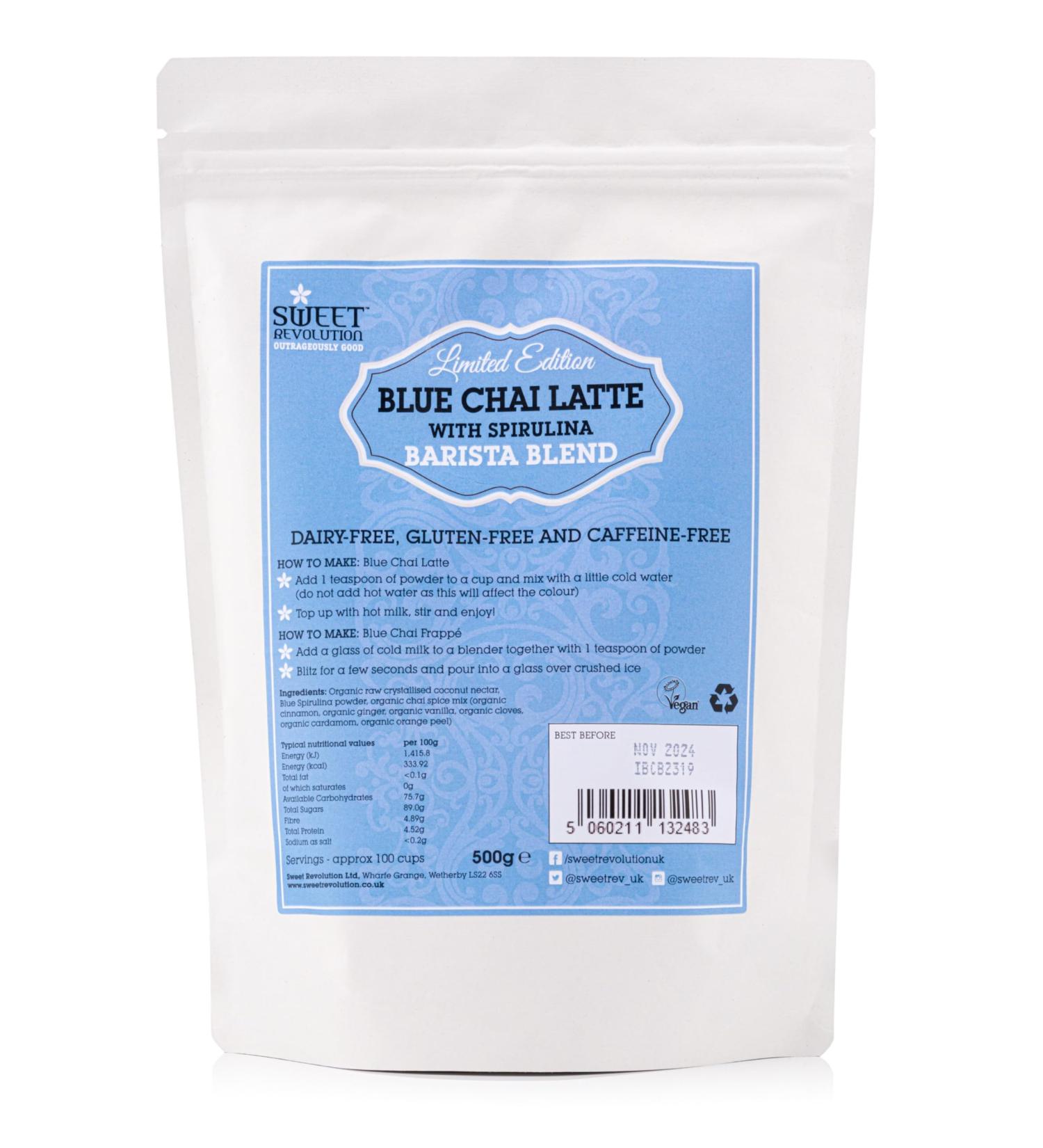 Sweet Revolution Blue Chai Latte with Spirulina Barista Blend 500g catering pack. Gluten Free Dairy Free Refined Sugar-Free.
