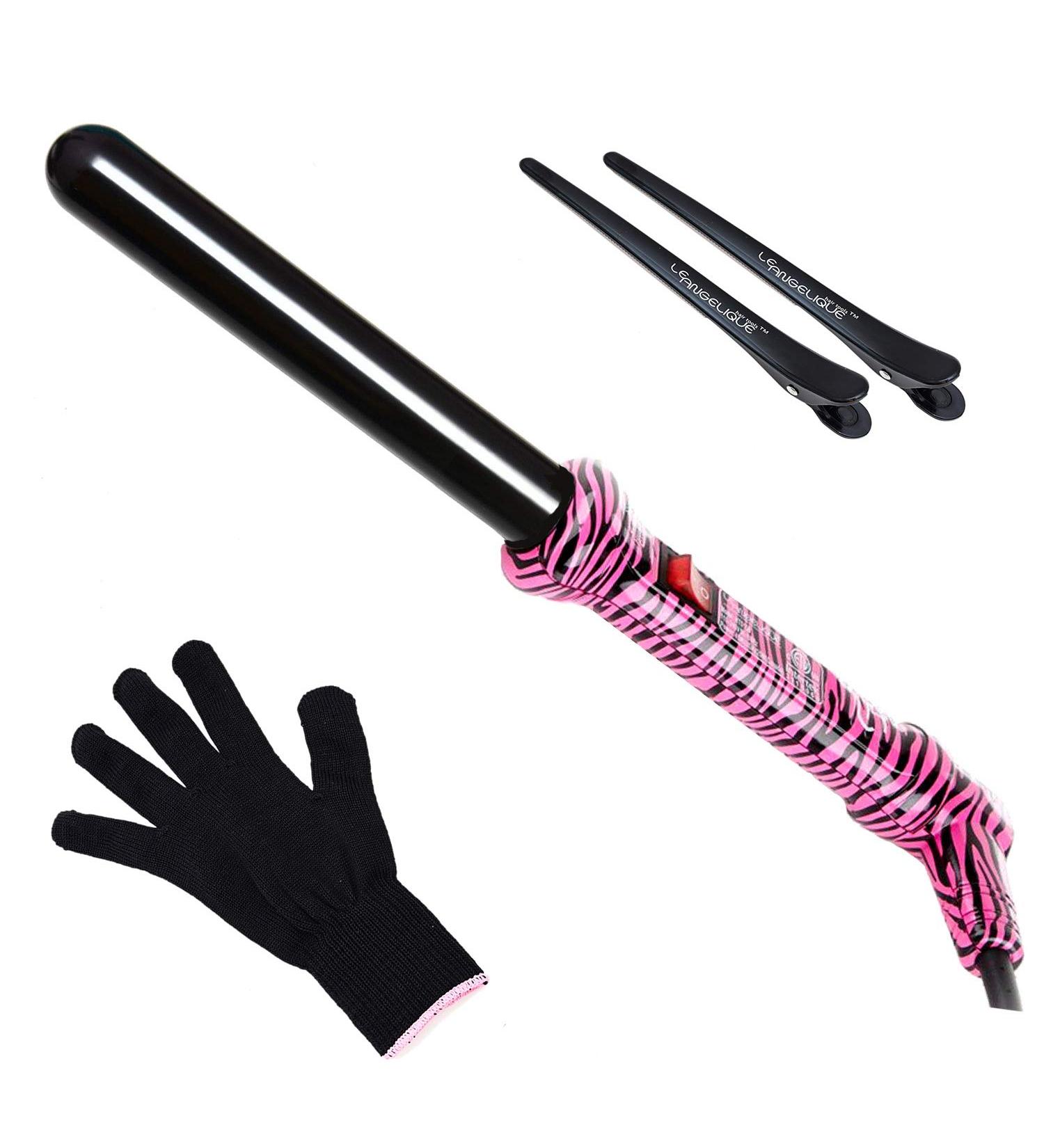 Le Angelique 1 Inch Ceramic Curling Wand - Professional Clipless Curler for Beach Waves & Curls - 450F Instant Heat Dual Voltage Includes Glove & Clips - Pink Zebra - Buy Online on GoSupps.com