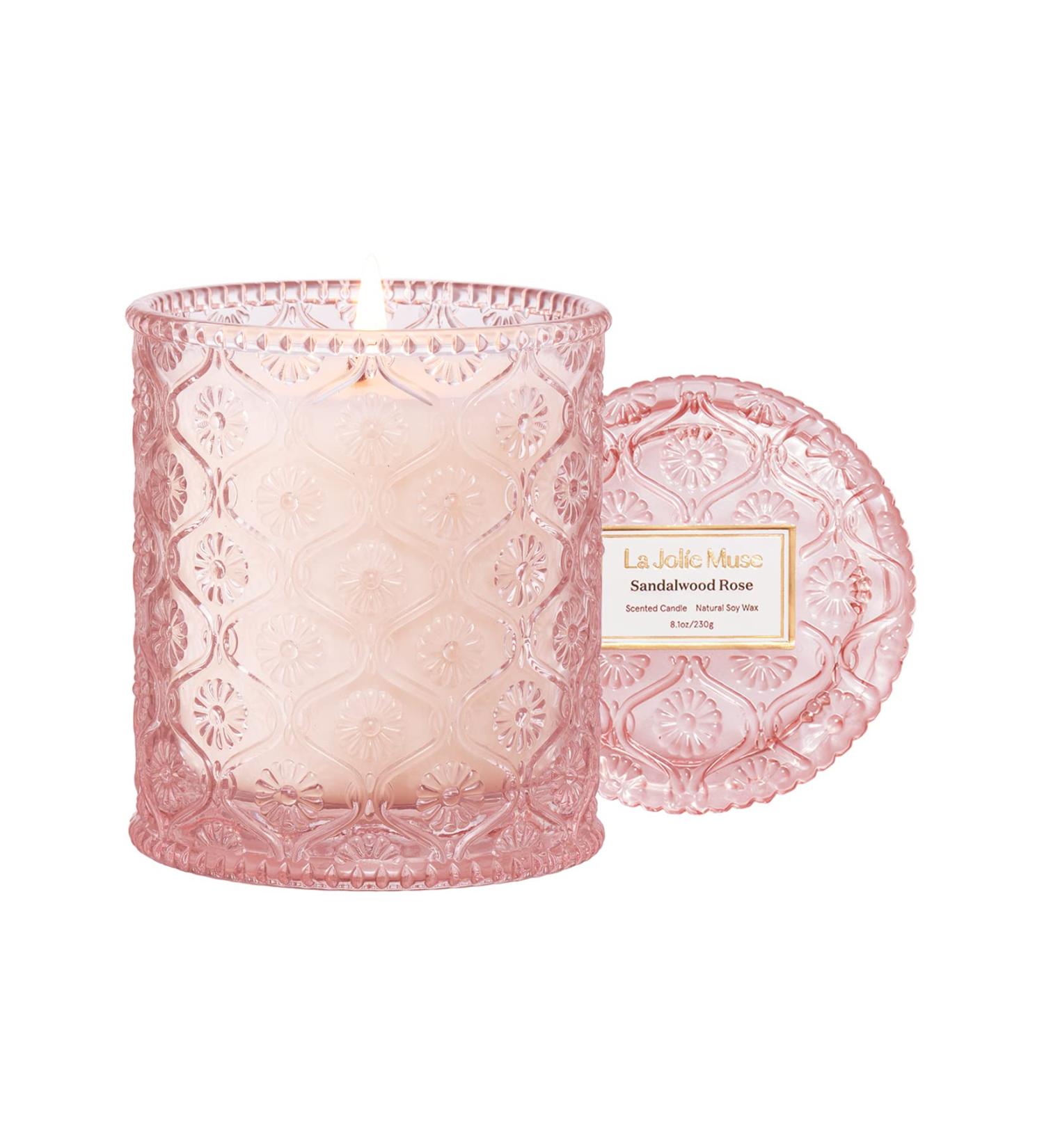 La Jolie Muse Sandalwood Rose Scented Candle - 8 oz, 55 Hour Burn Time | Luxury Candles for Women, Wedding & Home D cor | Natural Soy Wax, Pink Color - Buy Online on GoSupps.com