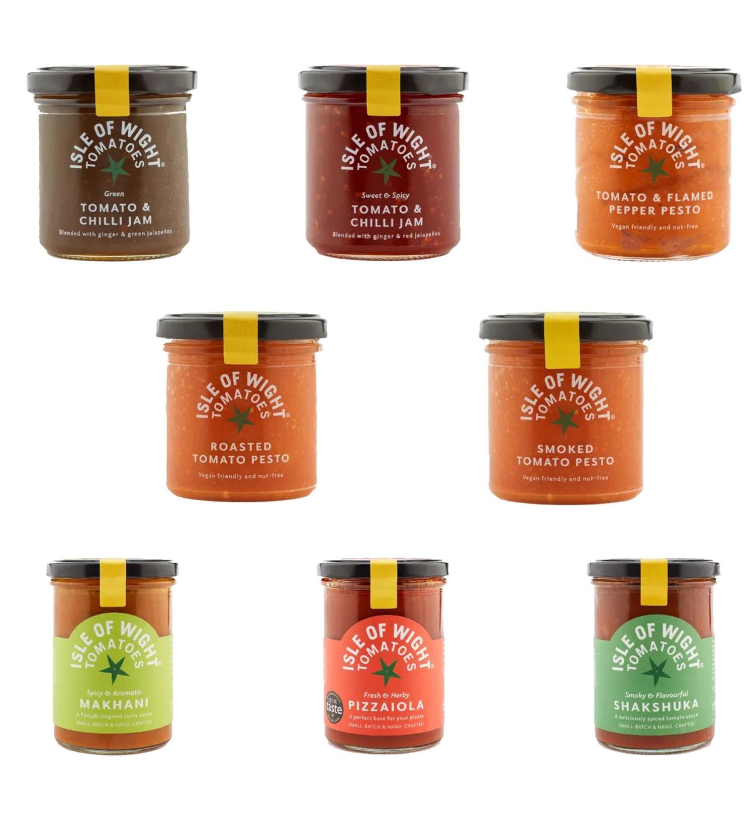 Isle of Wight Tomatoes Sauce Jam & Pesto Jar Pick N Mix | Create Custom Sauces Combo with 8 Flavours | Shakshuka Makhani Pizzaiola Roasted Smoked Flamed Pepper Pesto Chilli-Jam - Pack of 3 - Buy Online on GoSupps.com