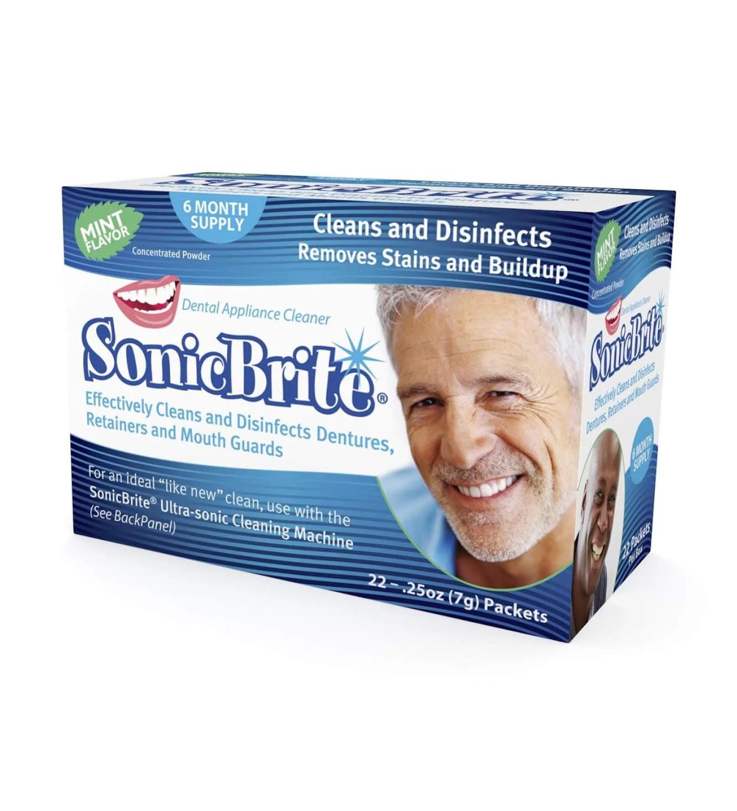 SonicBrite Dental Appliance Cleaning Powder Mint Flavor 6-Month Supply Gently Cleans Retainers Dentures Mouth Guards & Night Guards Easy-Mix Concentrate - Buy Online on GoSupps.com