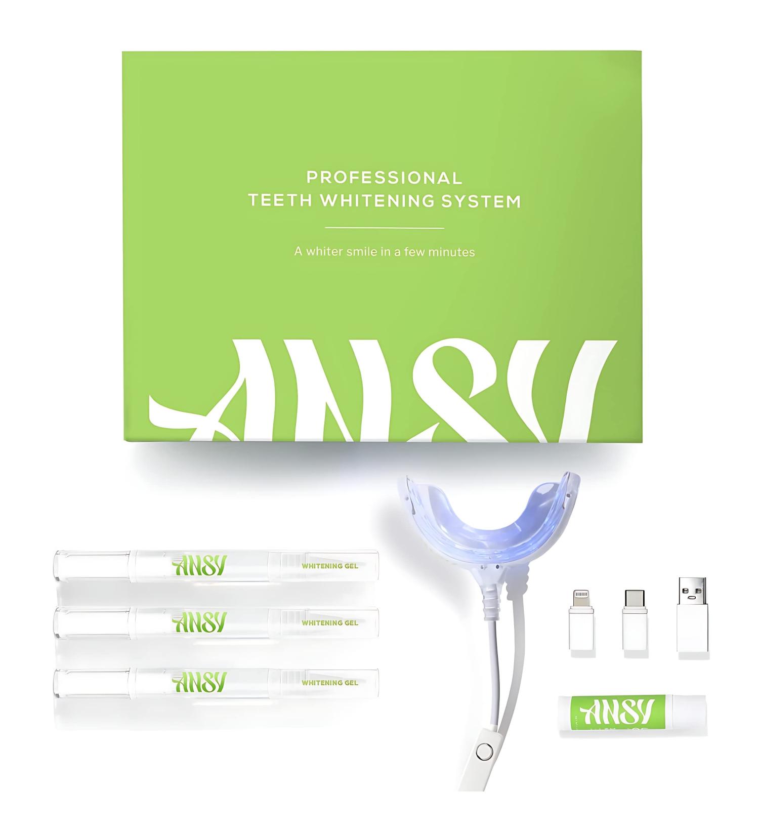 ANSY Teeth Whitening Kit with LED Accelerator Light - 3 Gel Pens + Lip Care Balm | Non-Sensitive Home Whitener for Snow-White Smile | Protects Gums & Enamel, Removes Stains - Buy Online on GoSupps.com