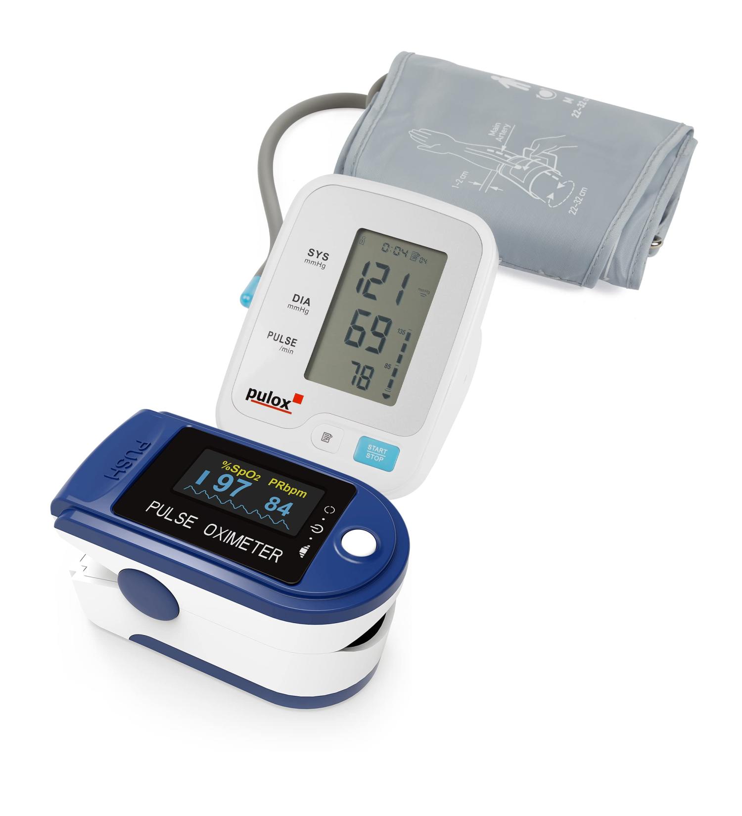 Pulse Oximeter Pulox PO-200 Solo Dark Blue Set with Blood Pressure Monitor BMO-120 - Accurate Health Monitoring for International Shipping - Buy Online on GoSupps.com
