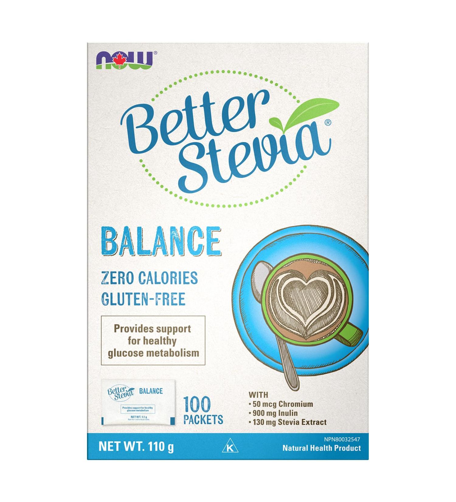 NOW Foods BetterStevia Balance with Chromium and Inulin Zero-Calorie Granulated Sweetener Packets Keto Friendly Suitable for Diabetics No Erythritol 100 Packets - Buy Online on GoSupps.com