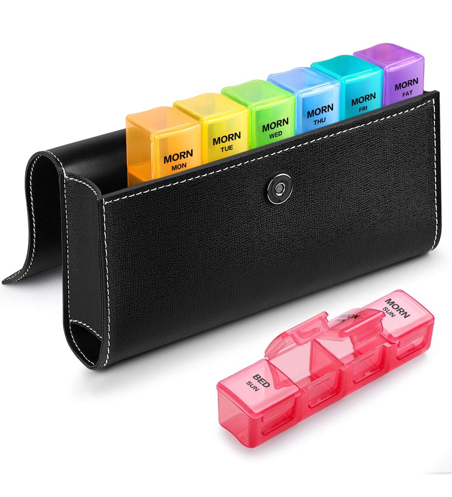 Buy Sukuos Weekly Pill Organizer - 4 Times a Day Large 7 Day Pill Box with PU Leather Case for Vitamins & Supplements | International Shipping Available - Buy Online on GoSupps.com
