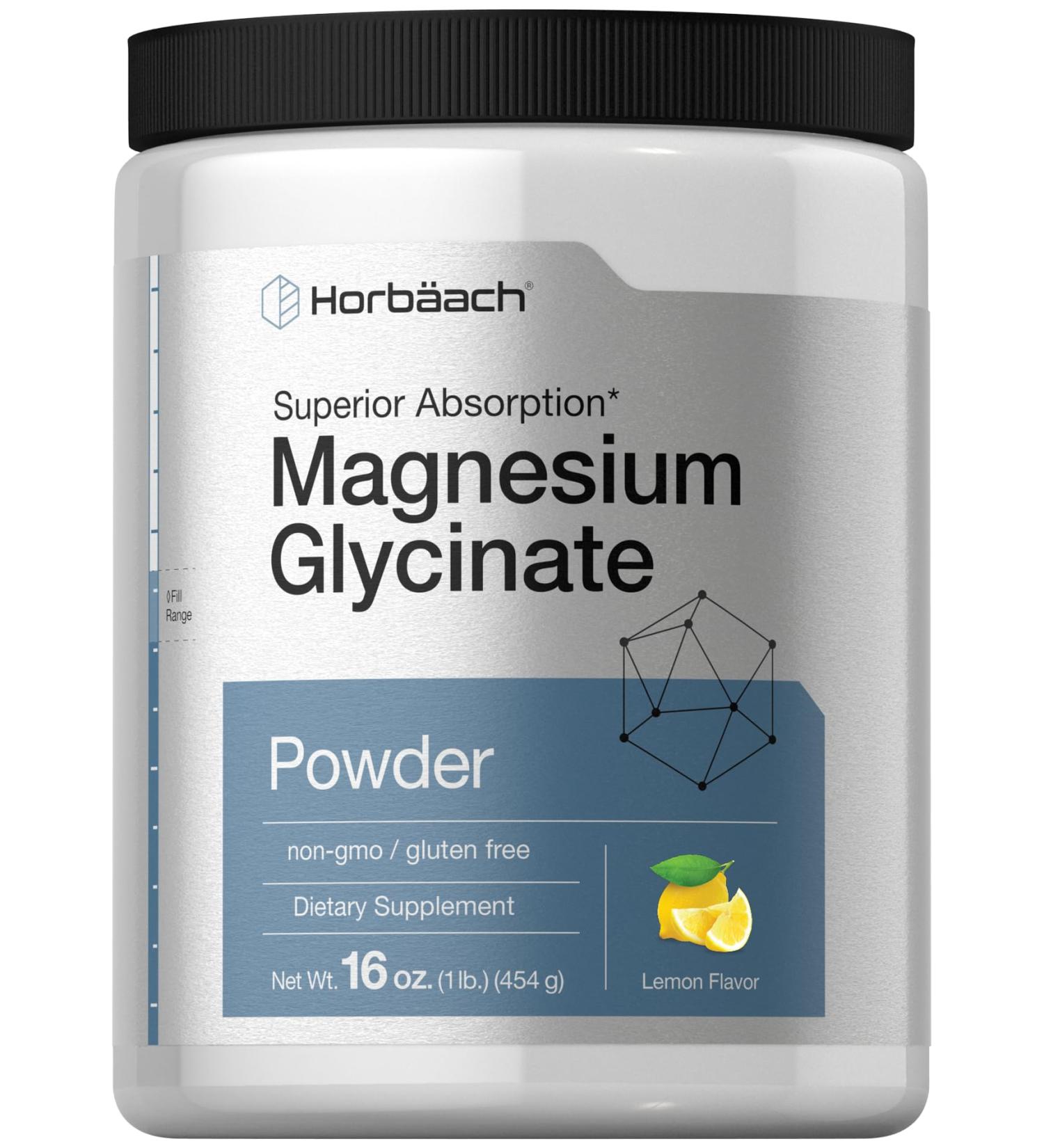 Horb ach Magnesium Glycinate Powder | 1 lb | Lemon Flavored | Superior Absorption | Non-GMO & Gluten Free - Buy Online on GoSupps.com