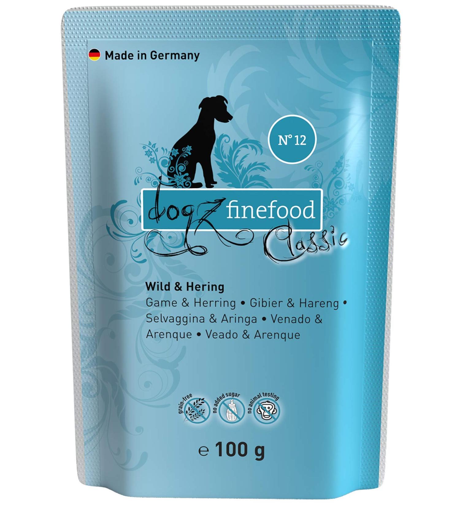 Dogz Finefood Wet Dog Food - No. 12 Wild & Herring | Grain-Free Sugar-Free High Meat Content | 12 x 100g Bags - Ideal for Dogs & Puppies - Buy Online on GoSupps.com