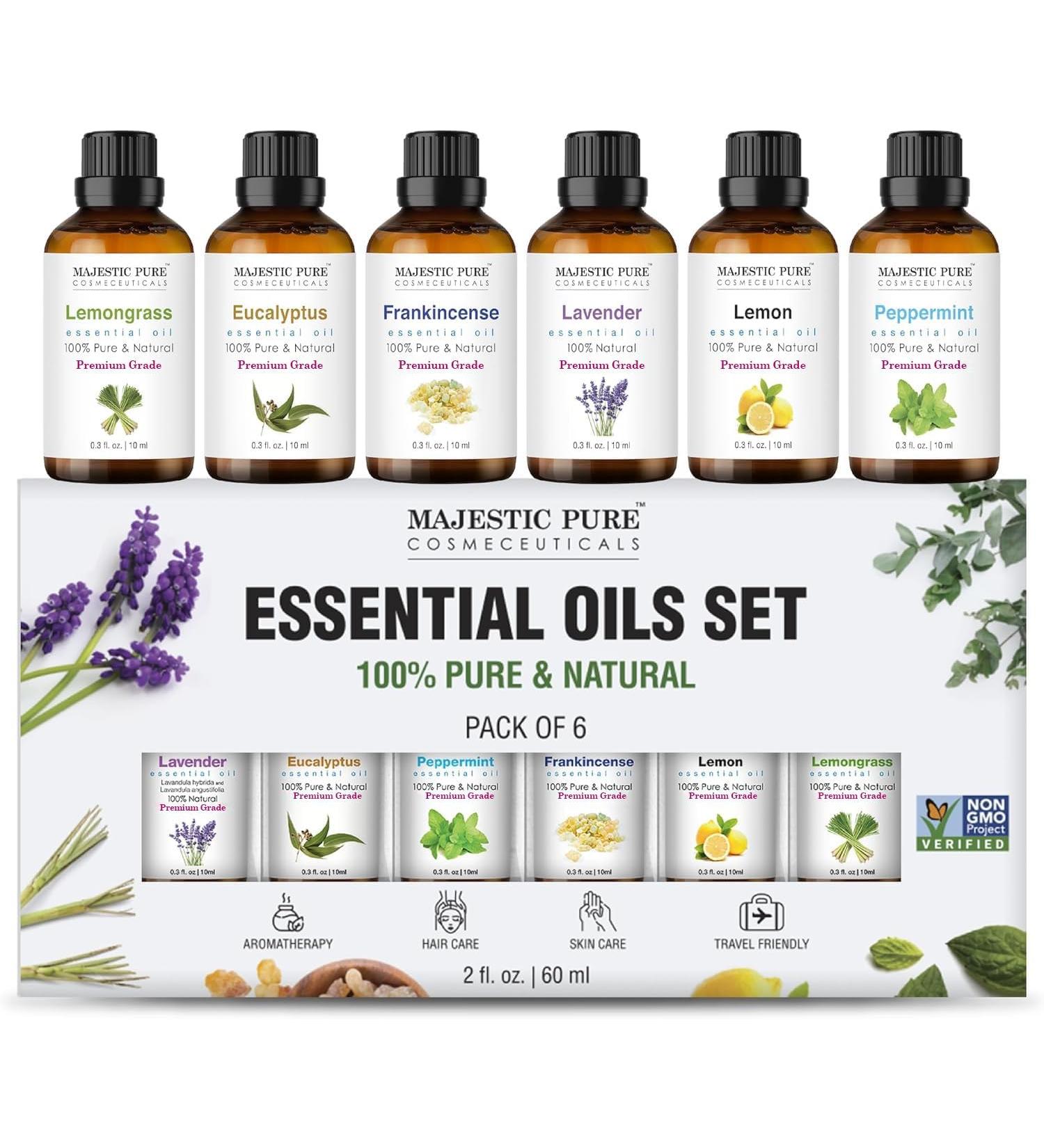 Buy Majestic Pure Essential Oils Set - 100% Pure 6 x 10ml (Peppermint Lavender Eucalyptus Tea Tree Lemongrass) for Diffusers Aromatherapy & Candles - International Shipping Available - Buy Online on GoSupps.com