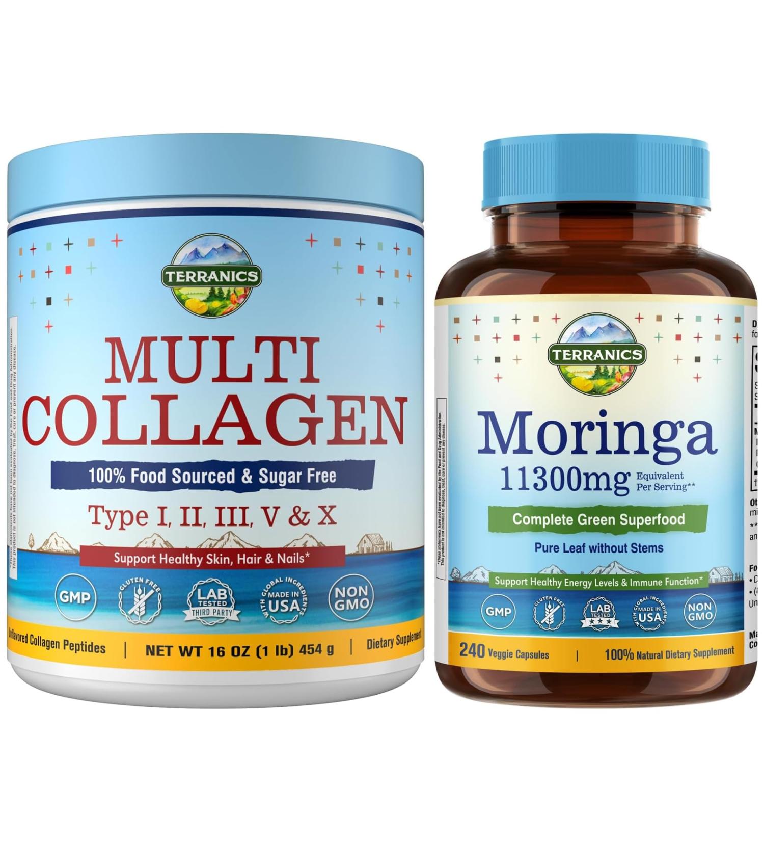 Multi Collagen Peptides Powder & Pure Moringa Capsules Bundle Type I II III V X Hydrolyzed Collagen Powder + 11300mg Moringa Oleifera Leaf Powder Unflavored Fast-Dissolve No Sugar Keto Non-GMO - Buy Online on GoSupps.com
