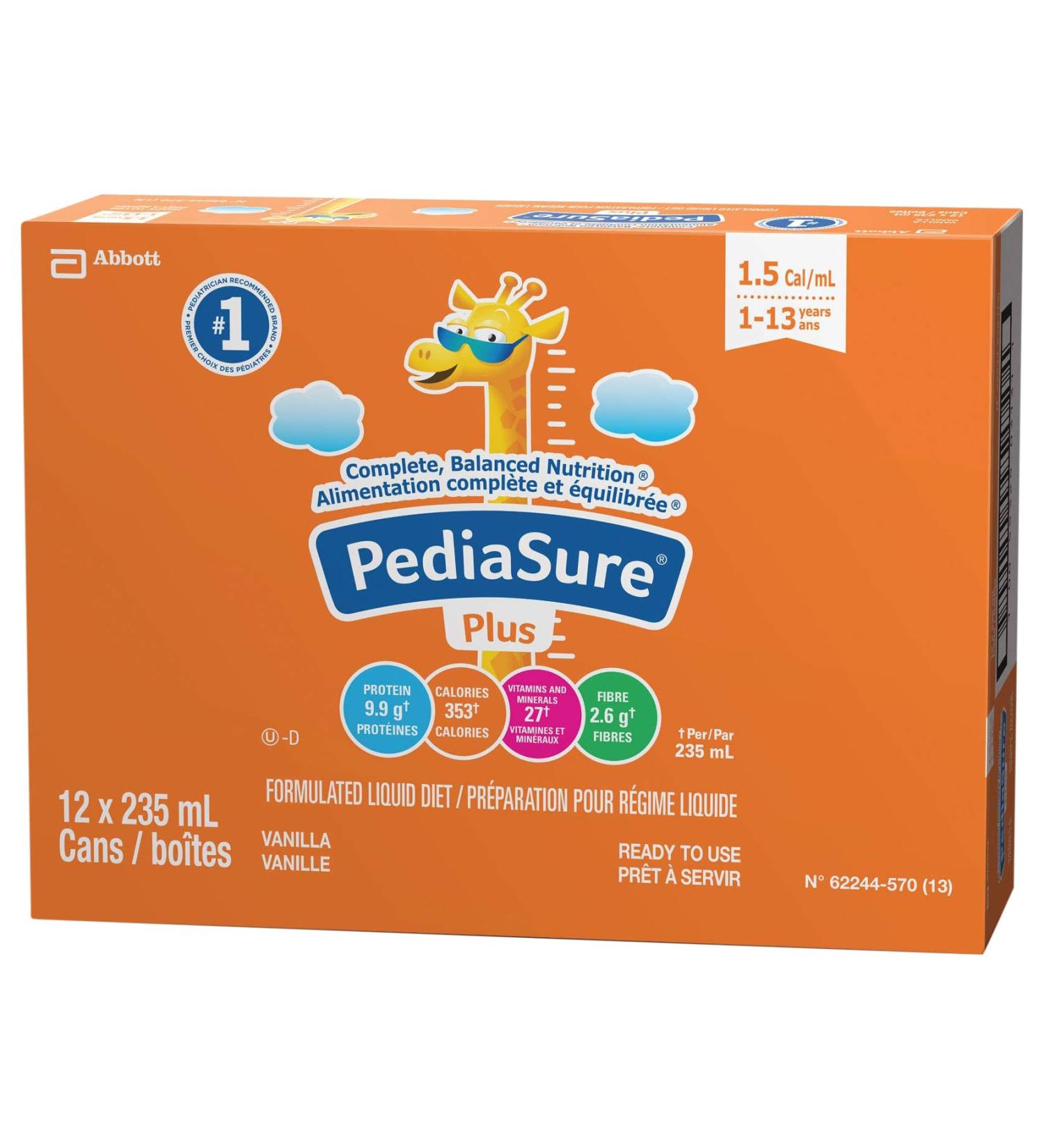 Pediasure Plus (with Fibre) Formulated Liquid Diet 235 mL can Vanilla 12-pack 2820 mL - Buy Online on GoSupps.com