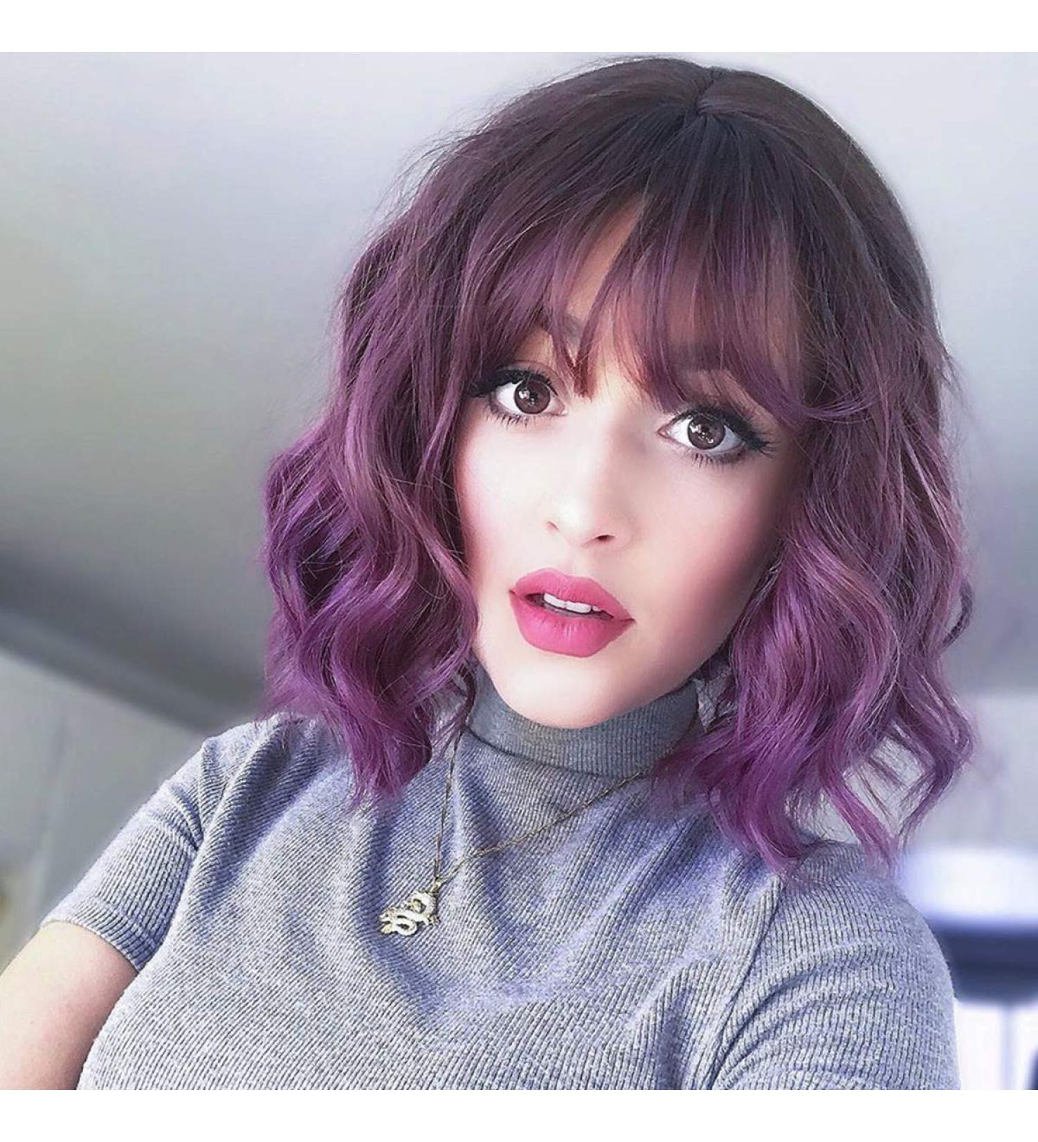 Parxitn Short Bob Wig - Natural Ombre Purple Synthetic Hair for Daily Party Halloween Cosplay - Curly Colorful Wigs for Women - Buy Online on GoSupps.com