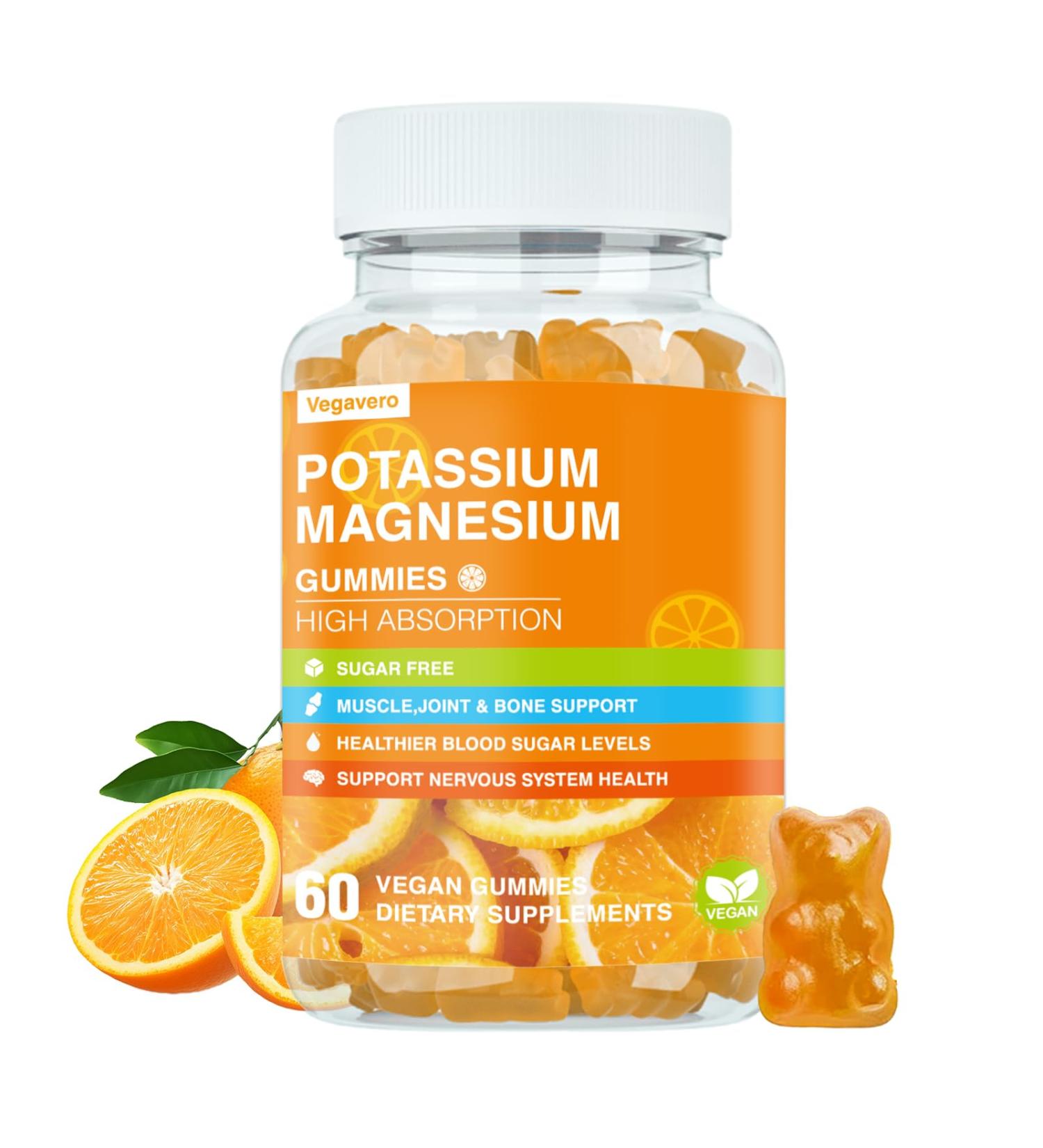 Potassium Magnesium Gummies - High Absorption Magnesium Glycinate & Potassium Citrate Plus Coenzyme Q10 DHA D3 Mineral & Calcium for Zzz Leg Cramps & Muscle - 60 Orange Gummies - Buy Online on GoSupps.com