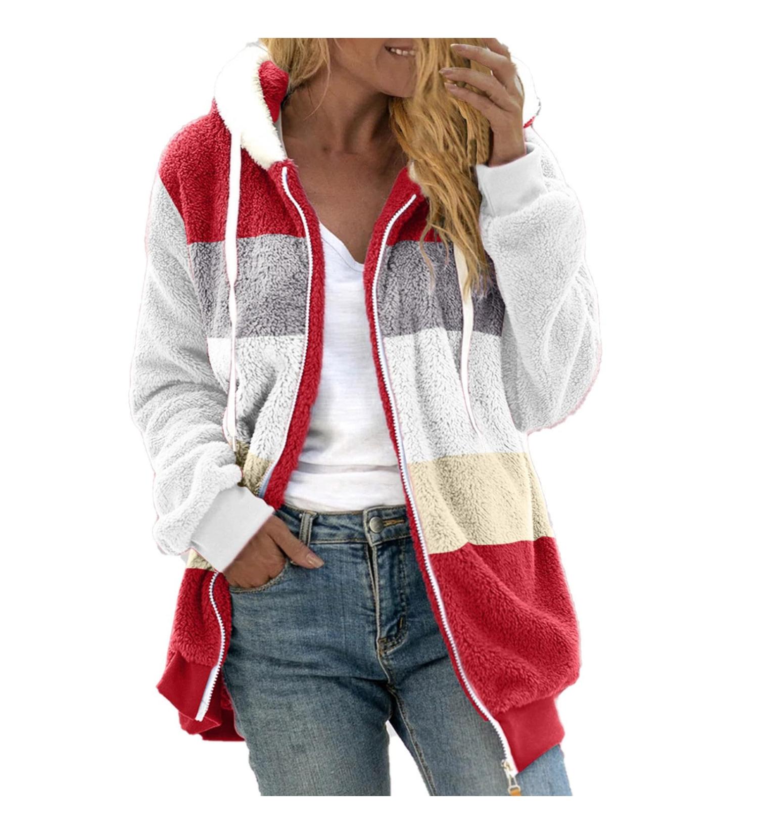 Shop Hanxiulin Women's Oversized Plush Hoodie Jacket - Winter Coat in Watermelon Red | Lightweight Outdoor Cardigan - Buy Online on GoSupps.com