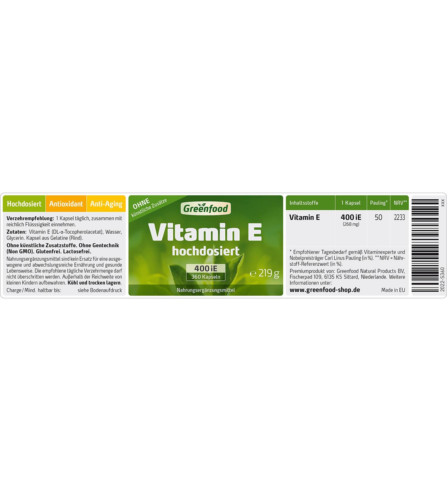 Vitamin E 400 IE high -dose 360 capsules - supports the protection of the cells from oxidative stress.Without artificial additives.Without genetic technology.