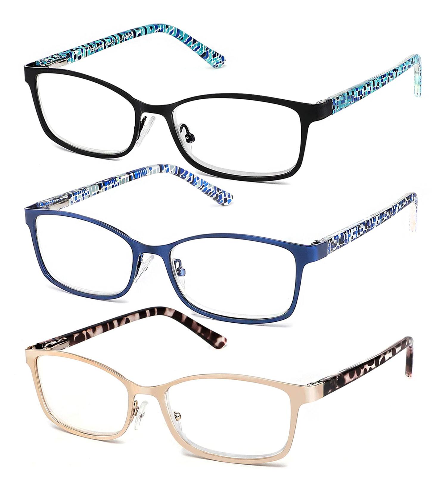 JJWELL 3 Pack Blue Light Blocking Reading Glasses for Women - Stylish Full Frame Metal Computer Readers | Anti Blue Ray, Reduce Eye Strain & Glare - Comfort Spring Hinge Eyeglasses (2.00x) - Blue/Black/Gold - Buy Online on GoSupps.com