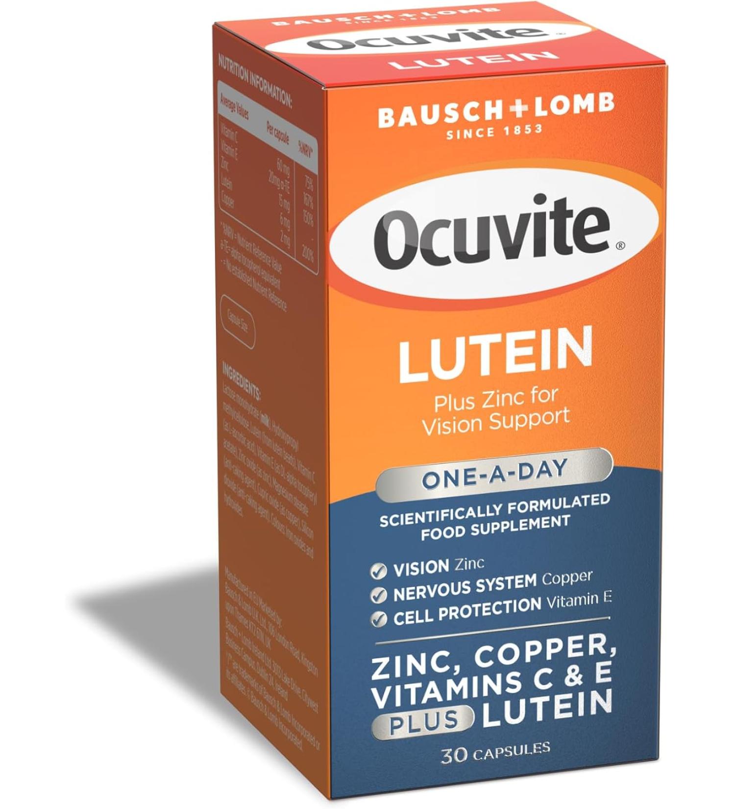 Ocuvite Lutein Supplement by Bausch + Lomb | Lutein with Zinc, Copper, Vitamin C & E | 30 Count Capsules - Buy Online on GoSupps.com