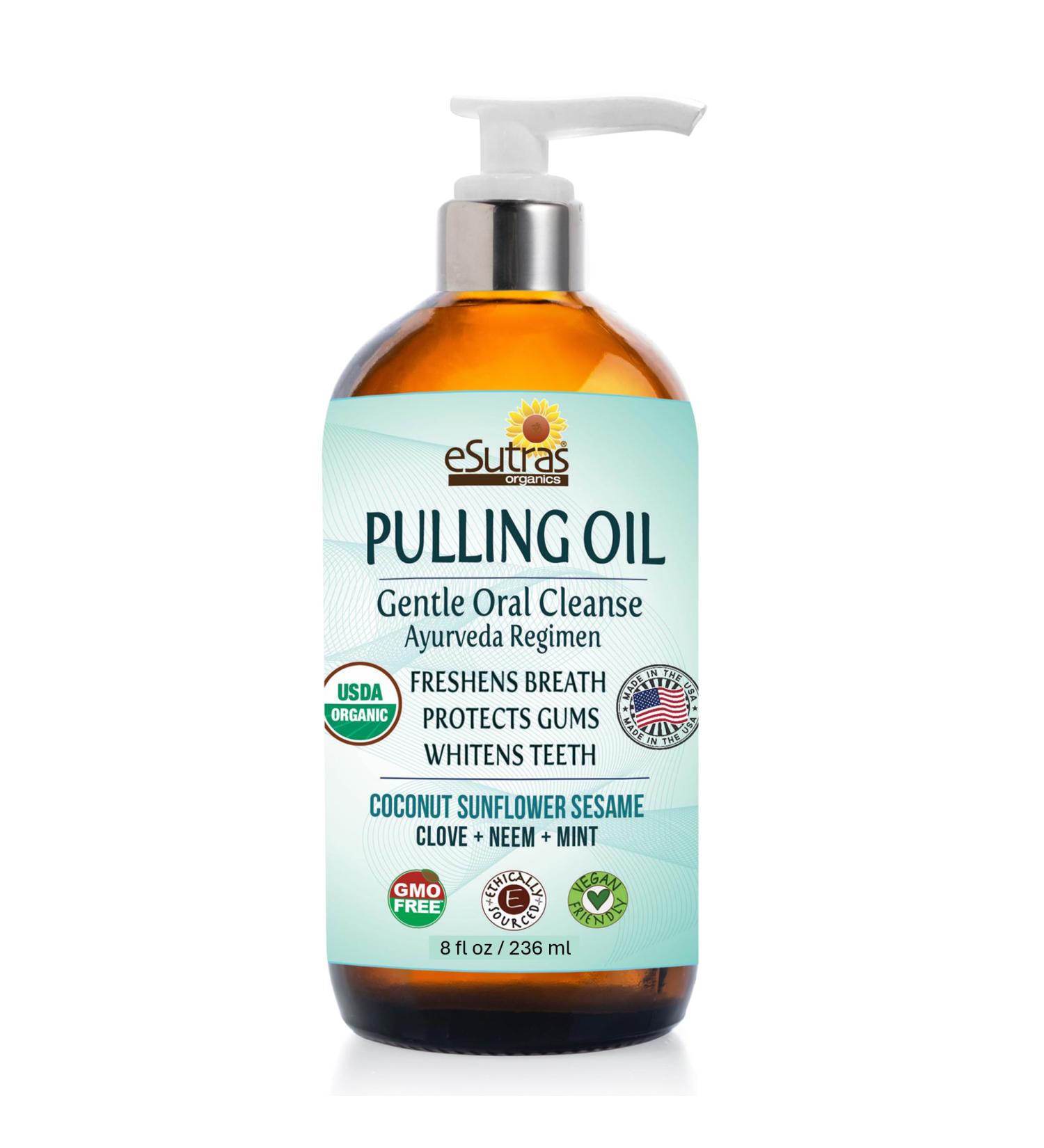 eSutras Pulling Oil Pure Herbal Mouthwash Organic Coconut Sesame Sunflower Oils + Mint Neem Clove Safely Whitens Teeth Refreshes Breath Strengthens Gums - Buy Online on GoSupps.com