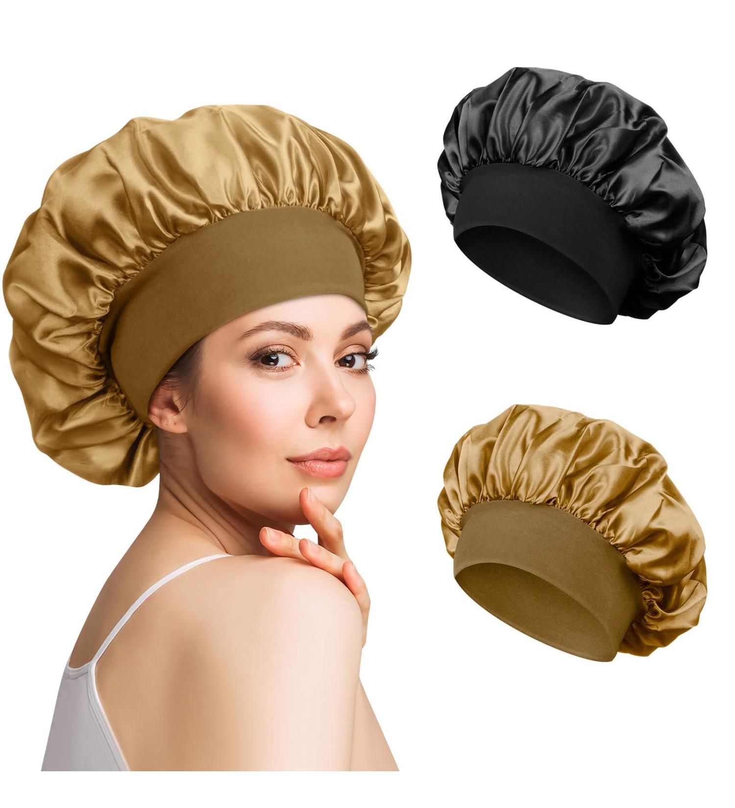Satin Silk Bonnet Set for Curly Hair - 2pcs Black Gold Sleep Caps for Women - Buy Online on GoSupps.com