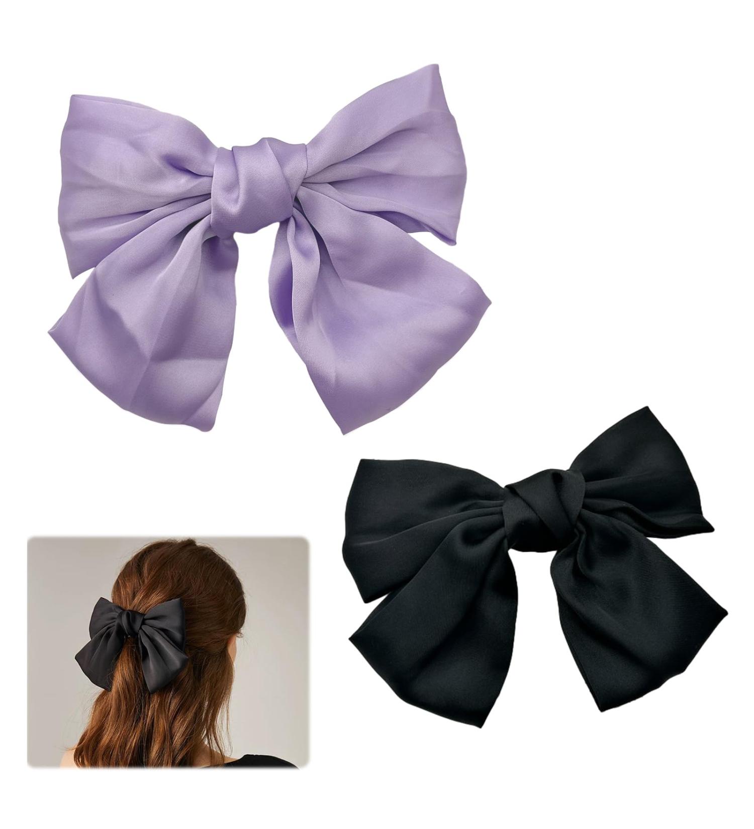 Bow Hair Clip 2PCS Hair Bows for Women Big Bowknot Hairpin French Bow Hair Clips with Ribbon Solid Color Hair Barrette Hair Bow Clips Soft Satin Silky Hair Bows for Women Girls(Black+Purple) - Buy Online on GoSupps.com