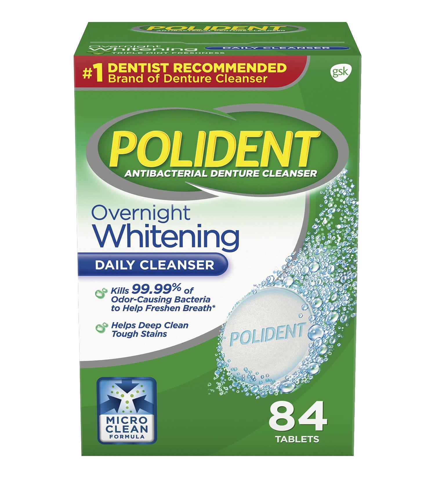 Polident Overnight Whitening Antibacterial Denture Cleanser - Triple Mint Freshness - 84 ea (Pack of 3) - Buy Online on GoSupps.com