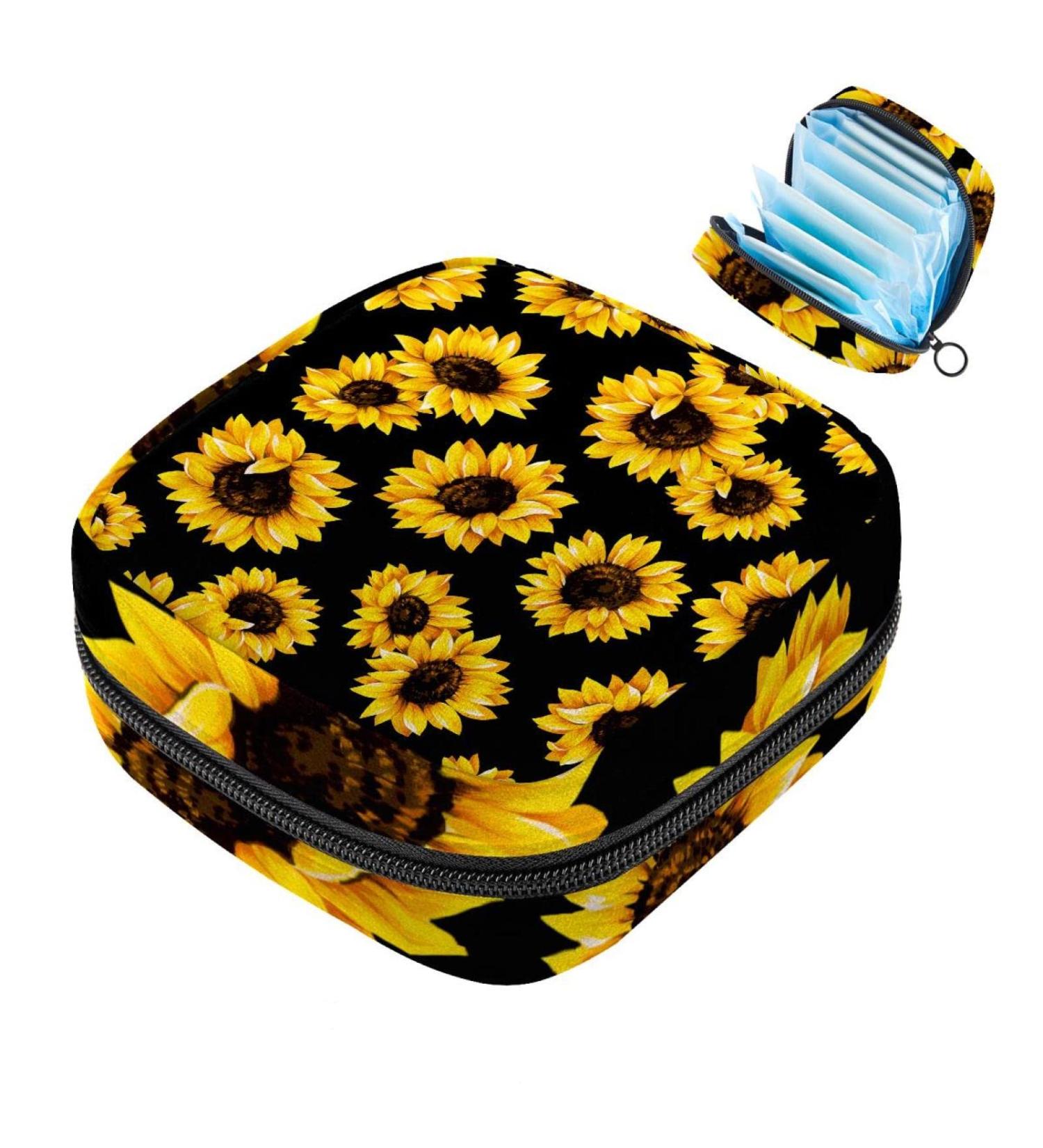 Sunflower Black Menstrual Pad Storage Bag - Portable & Stylish Period Pouch for Girls & Women - Buy Online on GoSupps.com
