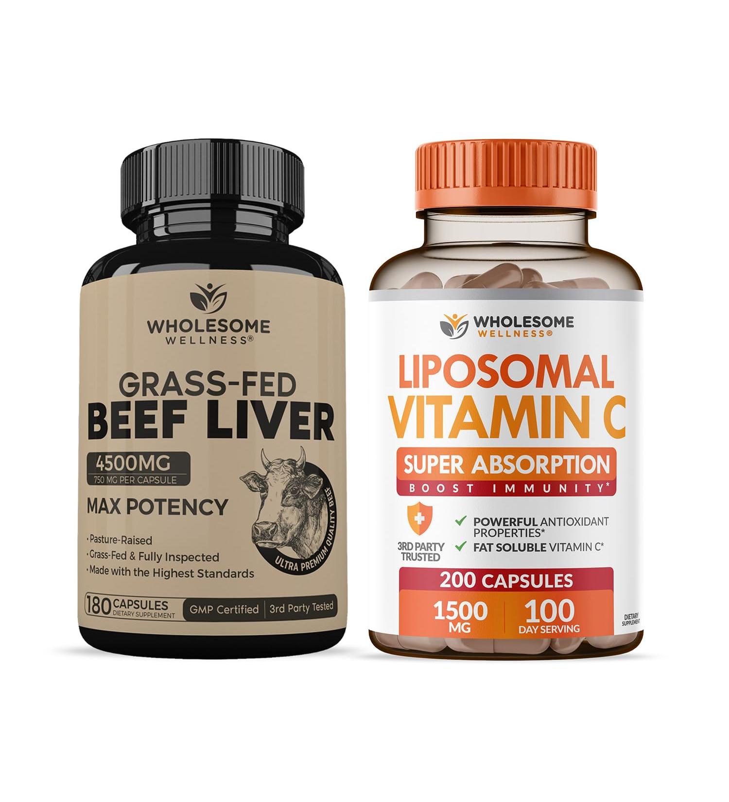 Grass Fed Desiccated Beef Liver Capsules (180 Pills 750mg Each) + Liposomal Vitamin C Capsules (200 Pills 1500mg Buffered) High Absorption VIT C Bundle - Buy Online on GoSupps.com